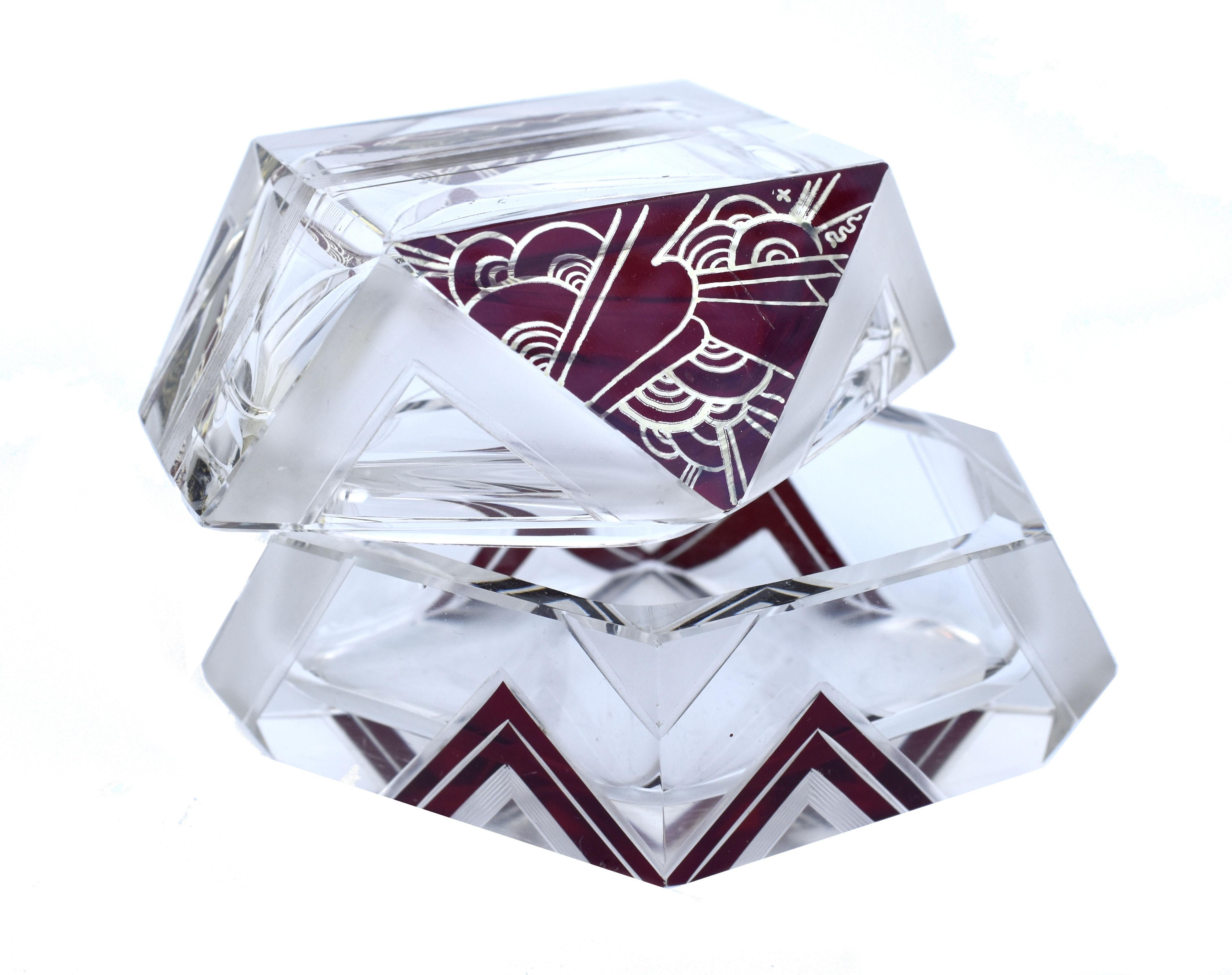 Stunning Art Deco heavy cut glass trinket/ powder box by Karl Palda. Beautiful patterning, very collectable dating from the 1930s. Czech in origin. Superb ruby coloured enamelled geometric design with etched glass detailing. Thoroughly checked over