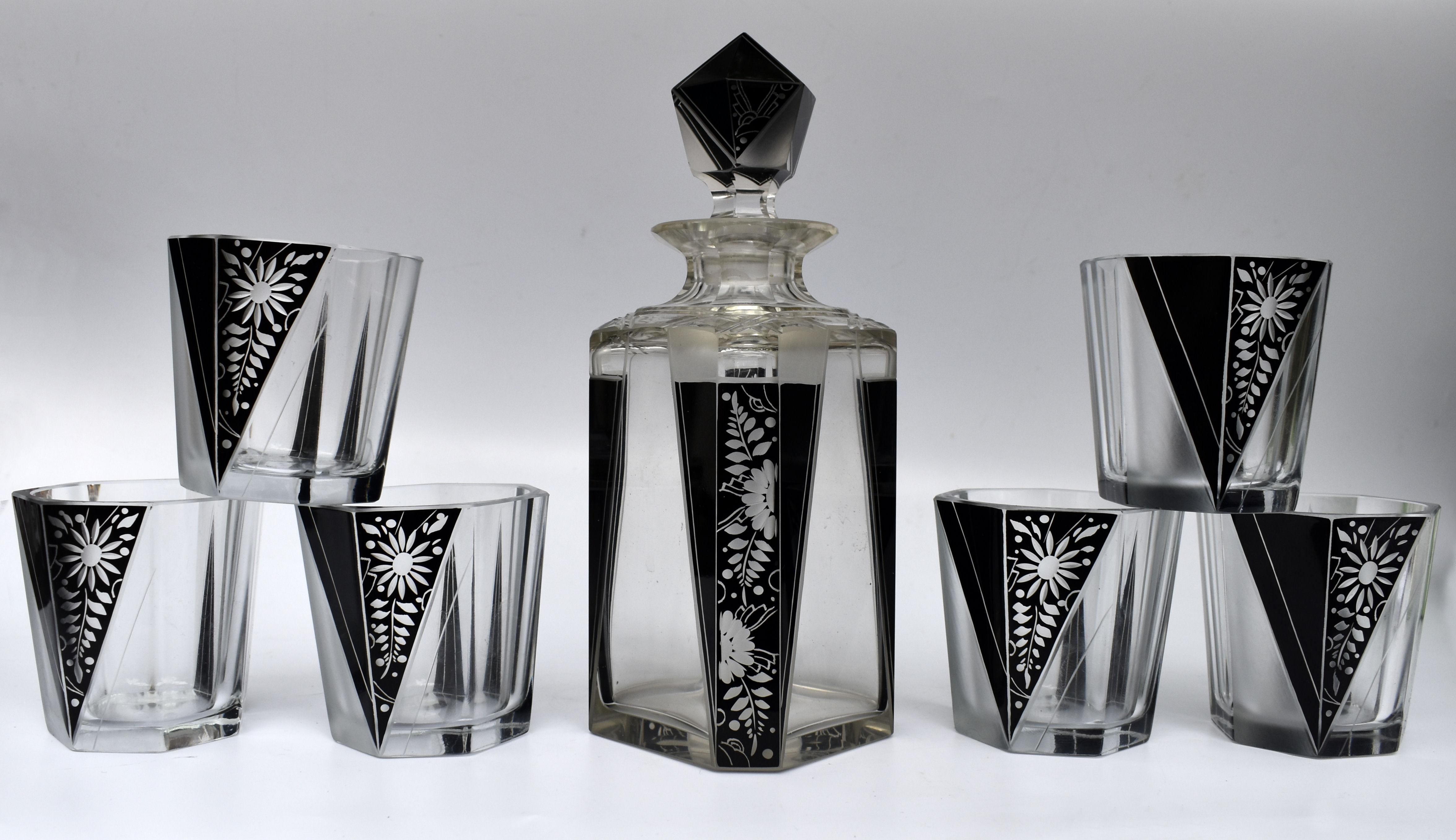 Czech Art Deco Cut Glass & Enamel Whiskey Decanter Set by Karl Palda, c1930