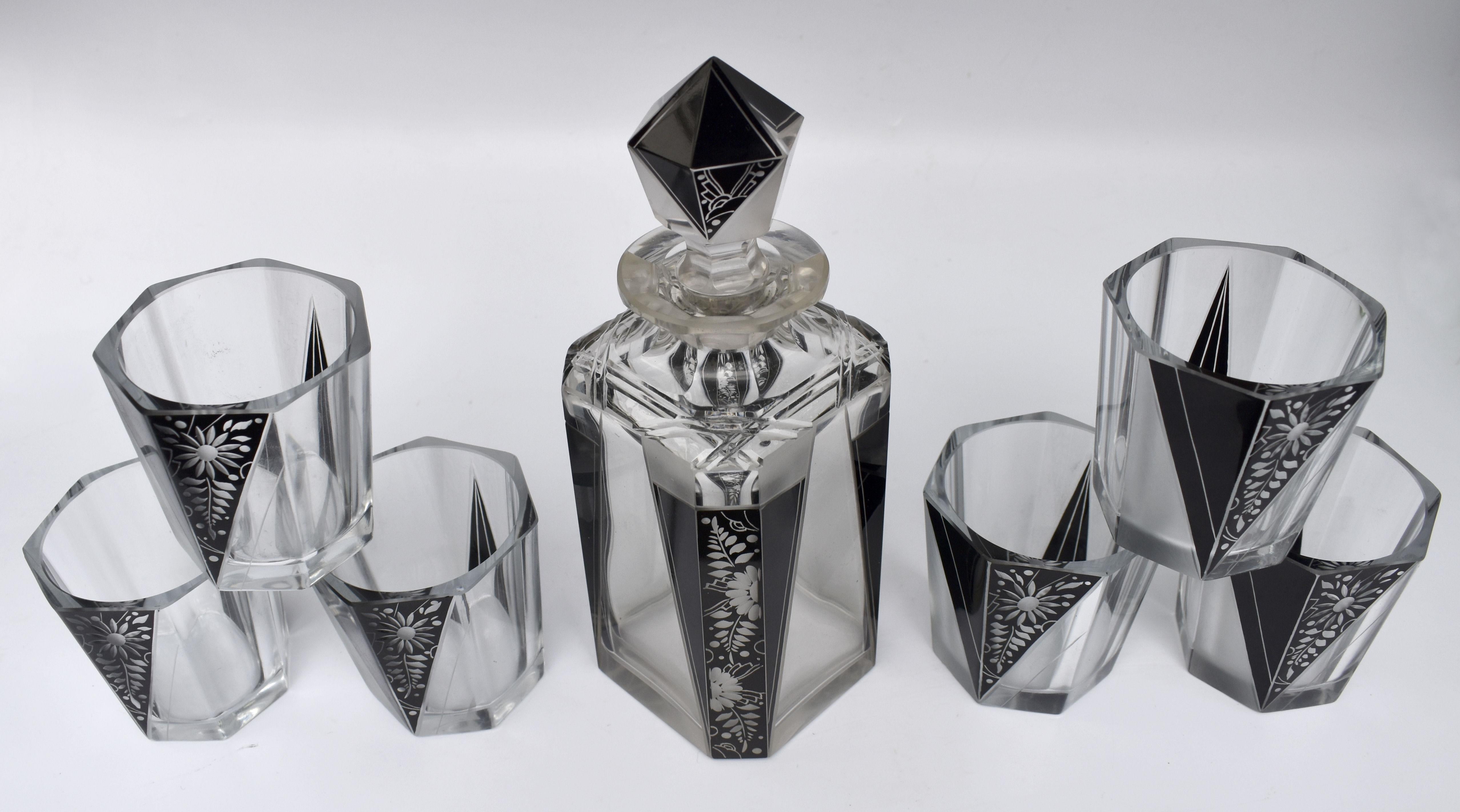 Enameled Art Deco Cut Glass & Enamel Whiskey Decanter Set by Karl Palda, c1930