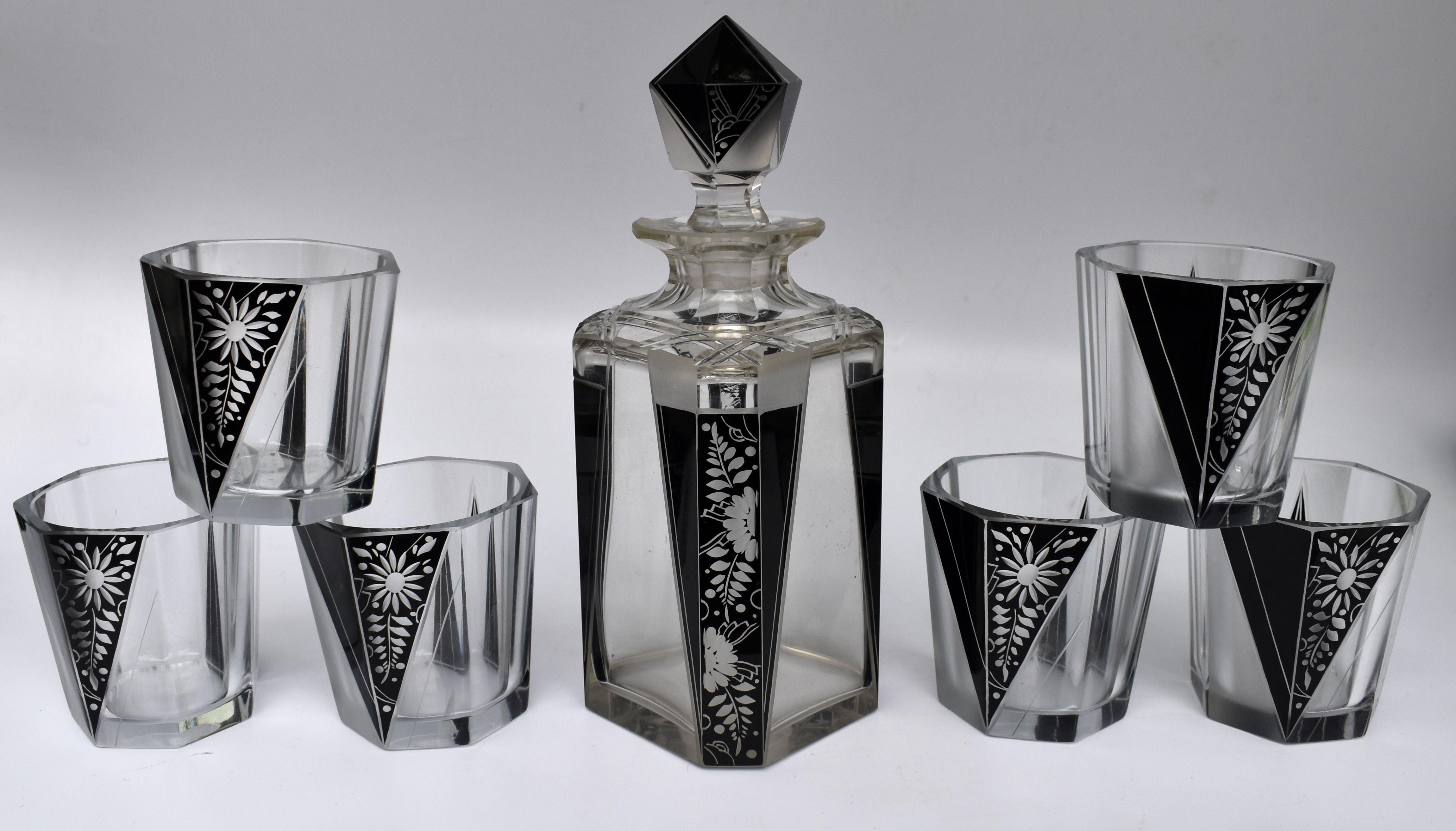Art Deco Cut Glass & Enamel Whiskey Decanter Set by Karl Palda, c1930 In Good Condition In Devon, England