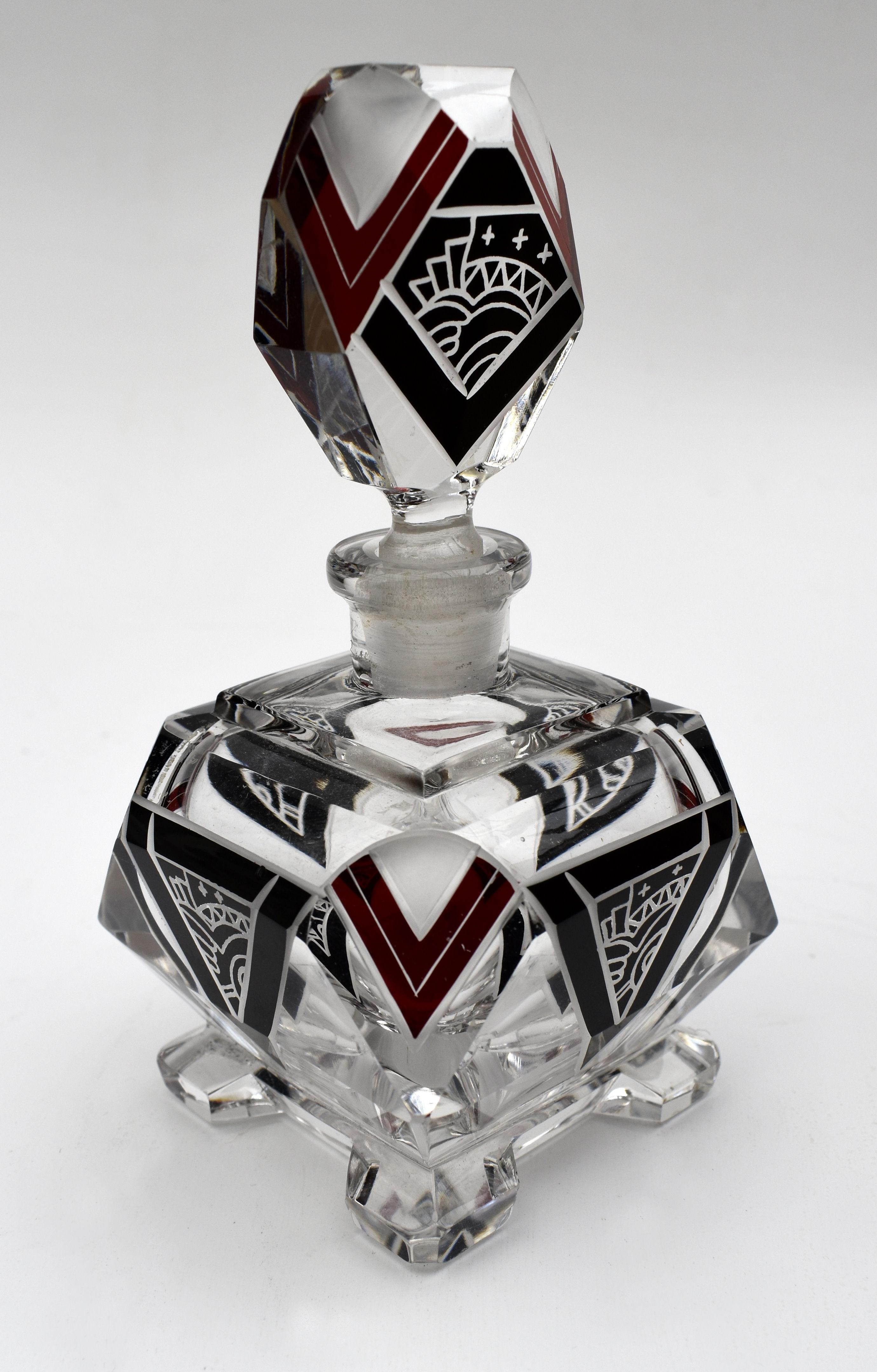 Czech Art Deco Cut Glass Glass Perfume Bottle by Karl Palda, C1930s For Sale