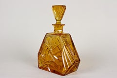 Art Deco Cut Glass or Liquor Bottle Amber Colored with Cap, Bohemia circa 1930
