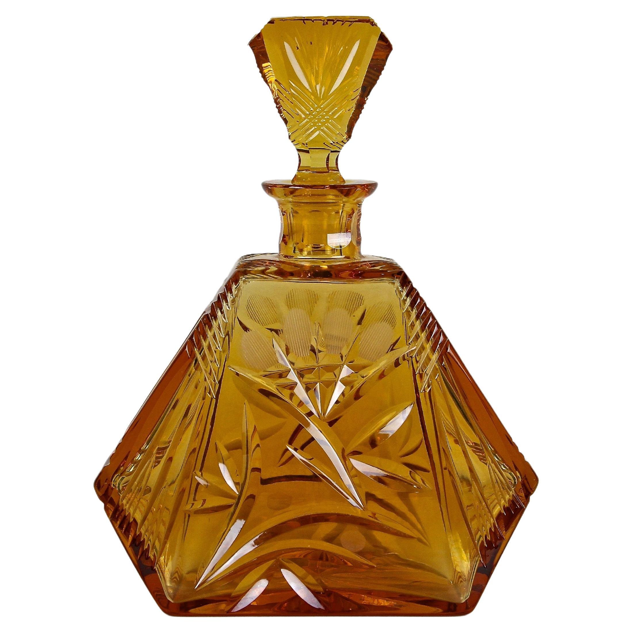 Art Deco Cut Glass or Liquor Bottle Amber Colored with Cap, Bohemia circa 1930