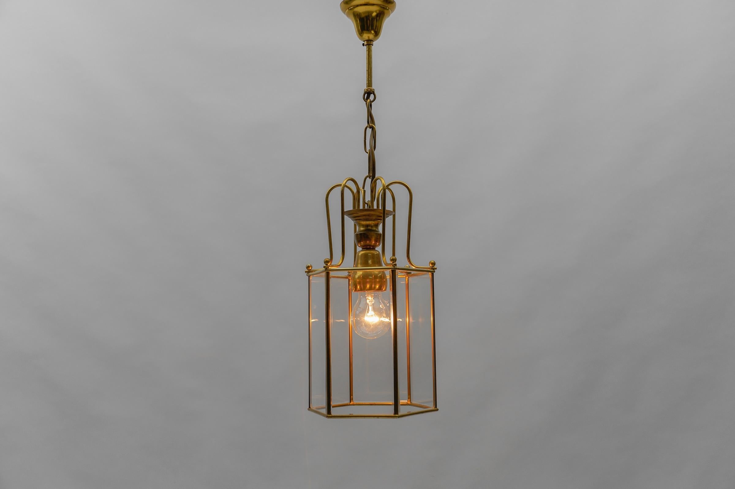 Mid-Century Modern Art Deco Cut Glass Pendant Lamp in Brass, 1940s / 1950s For Sale