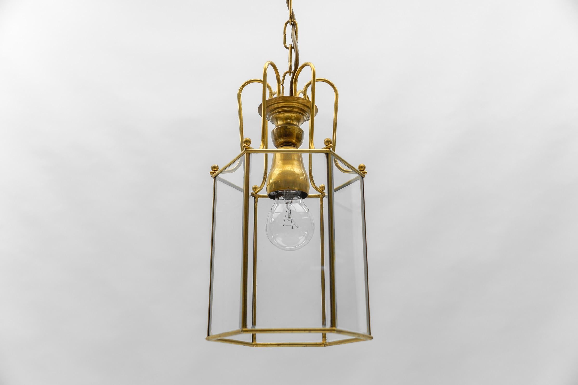 German Art Deco Cut Glass Pendant Lamp in Brass, 1940s / 1950s For Sale