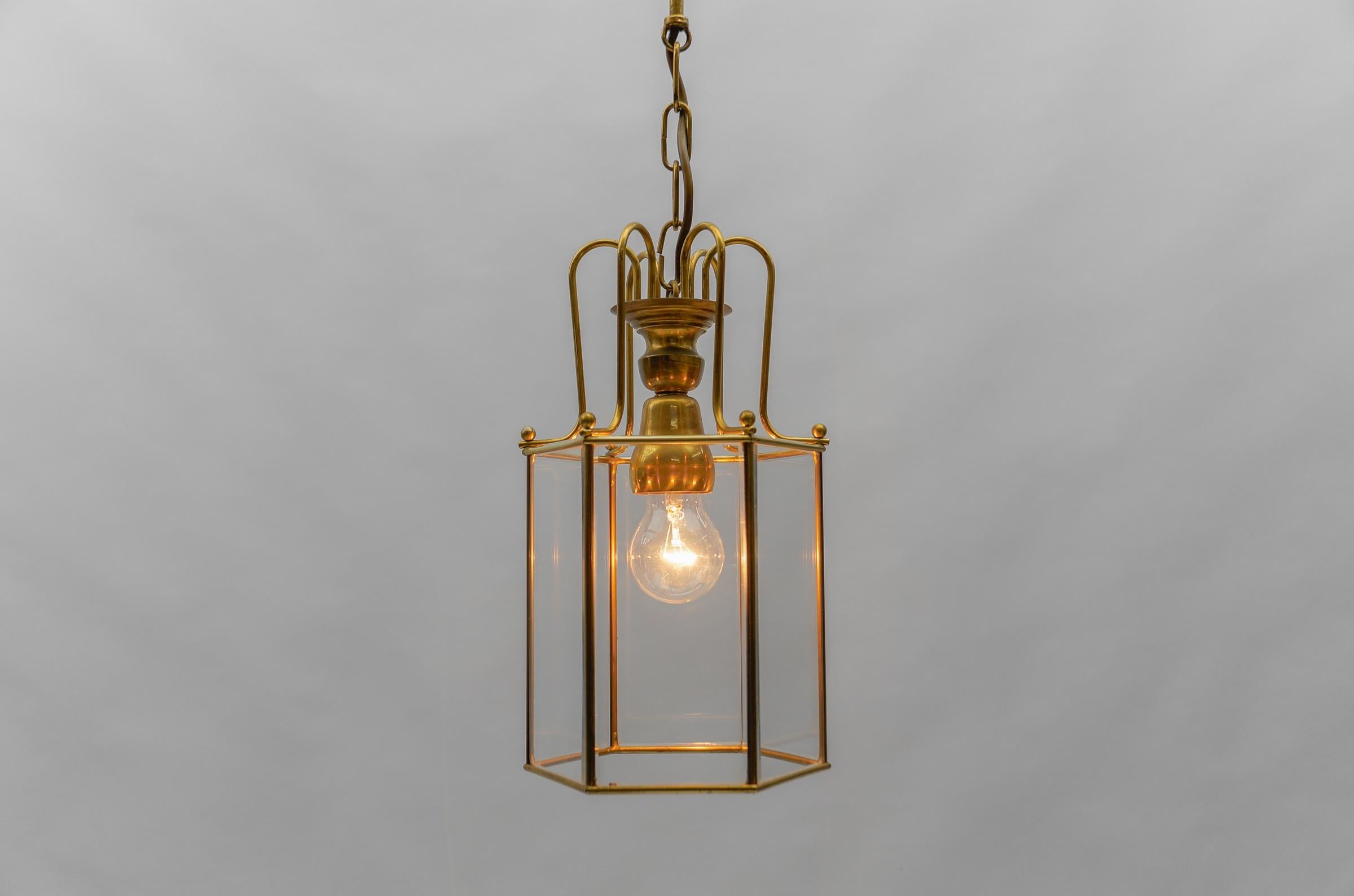 Mid-20th Century Art Deco Cut Glass Pendant Lamp in Brass, 1940s / 1950s For Sale