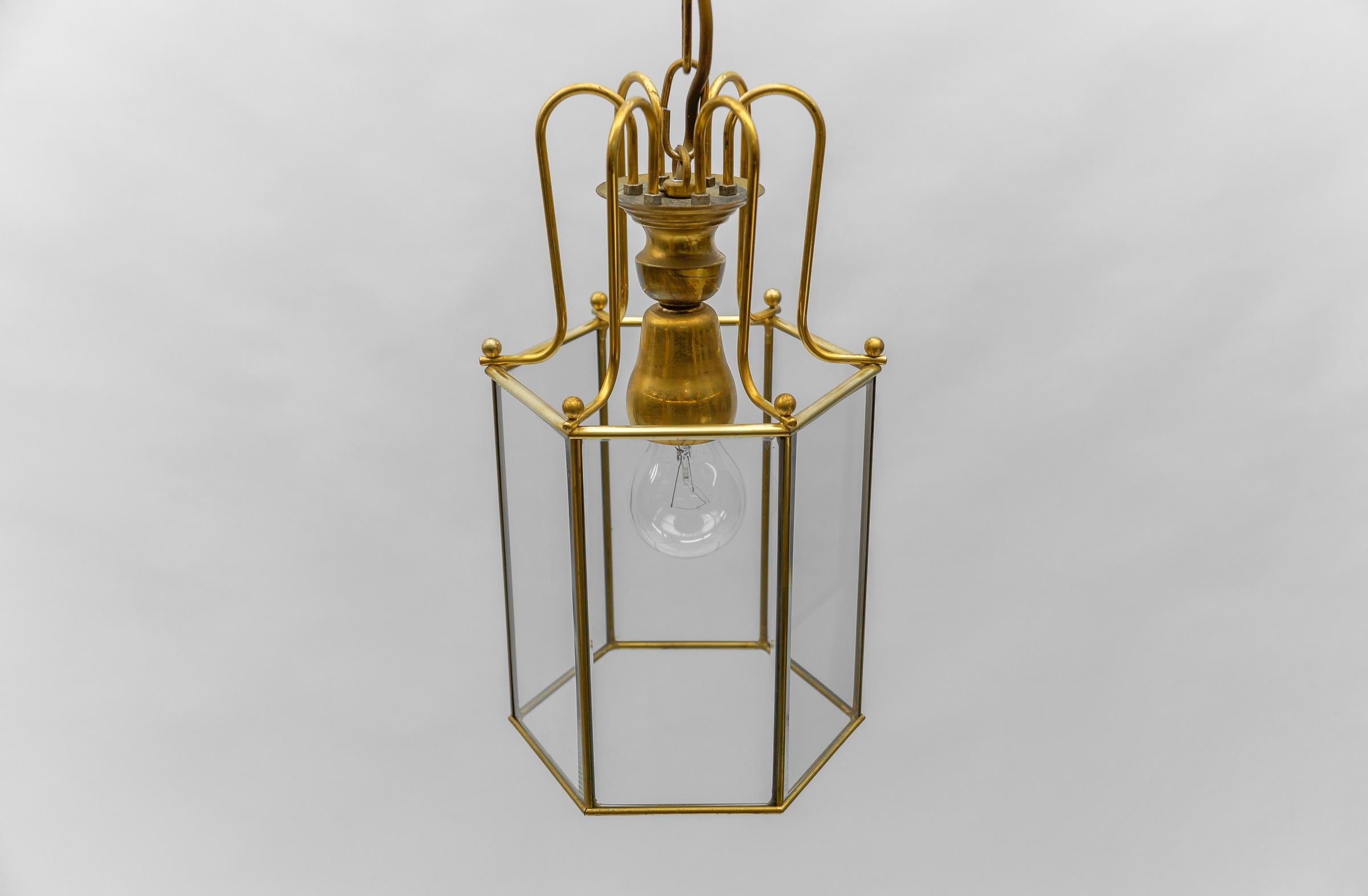 Metal Art Deco Cut Glass Pendant Lamp in Brass, 1940s / 1950s For Sale