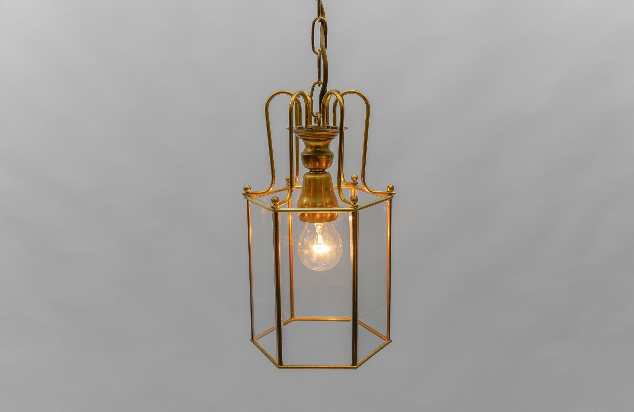 Art Deco Cut Glass Pendant Lamp in Brass, 1940s / 1950s For Sale 1