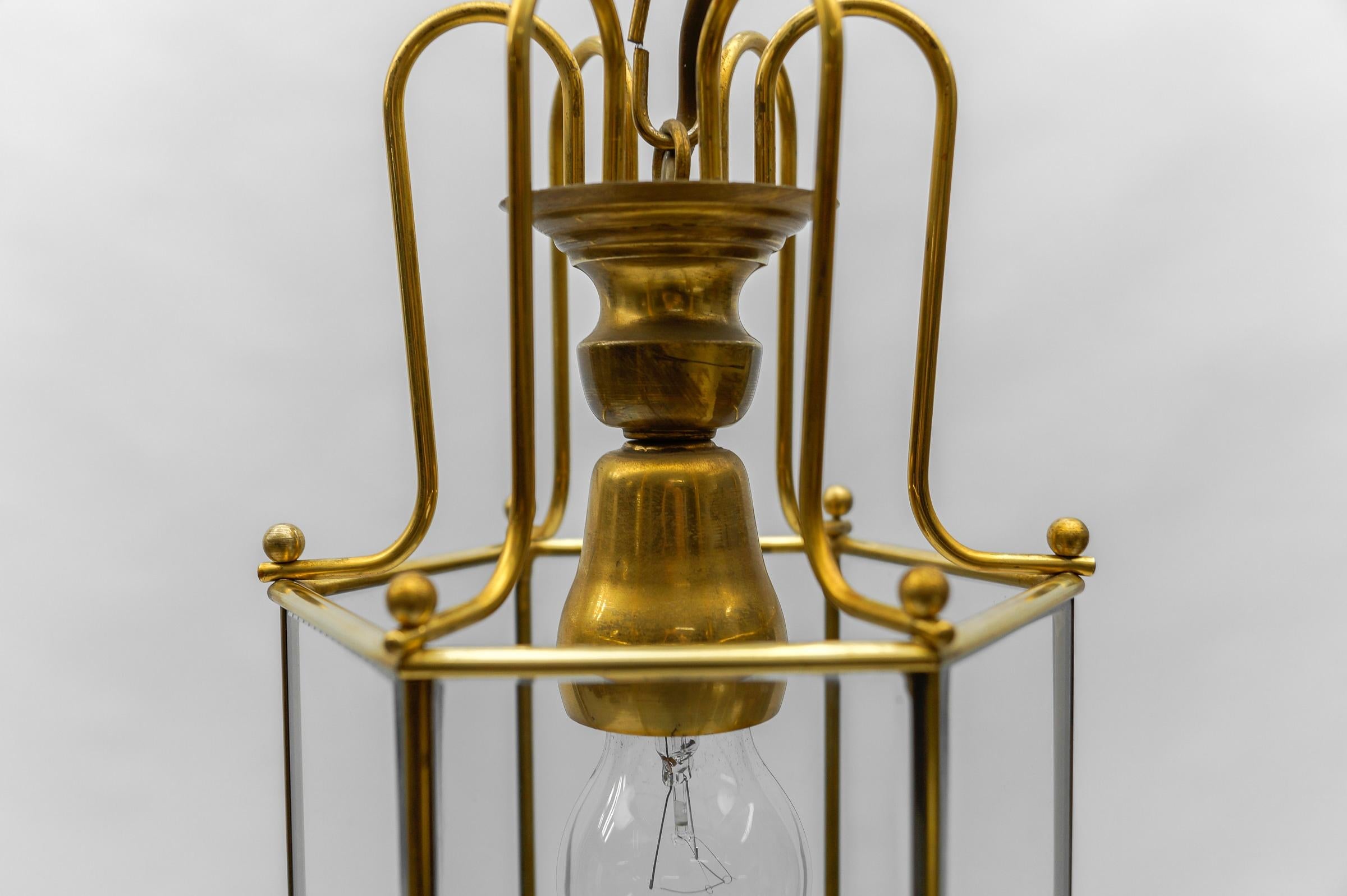 Art Deco Cut Glass Pendant Lamp in Brass, 1940s / 1950s For Sale 2