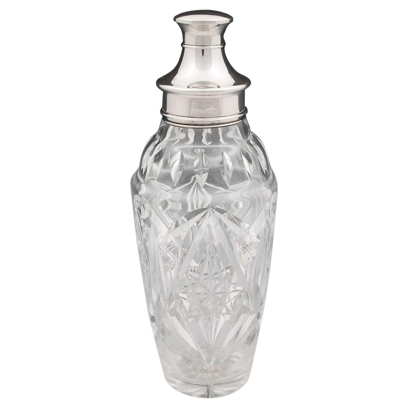 Art Deco Cut Glass Silver Cocktail Shaker For Sale
