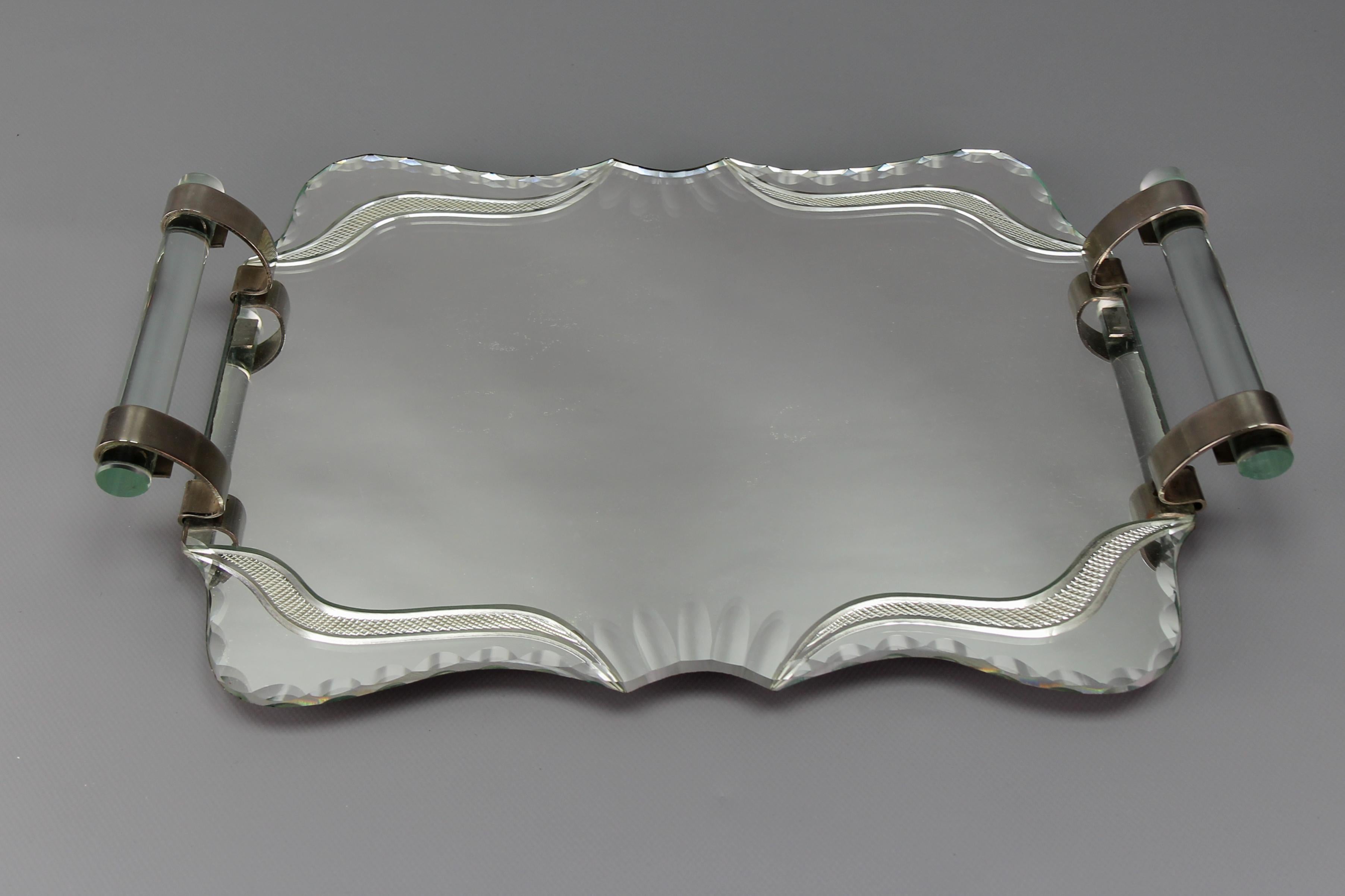Art Deco Cut Mirror, Glass and Chrome Serving Tray, France, 1930s For Sale 8