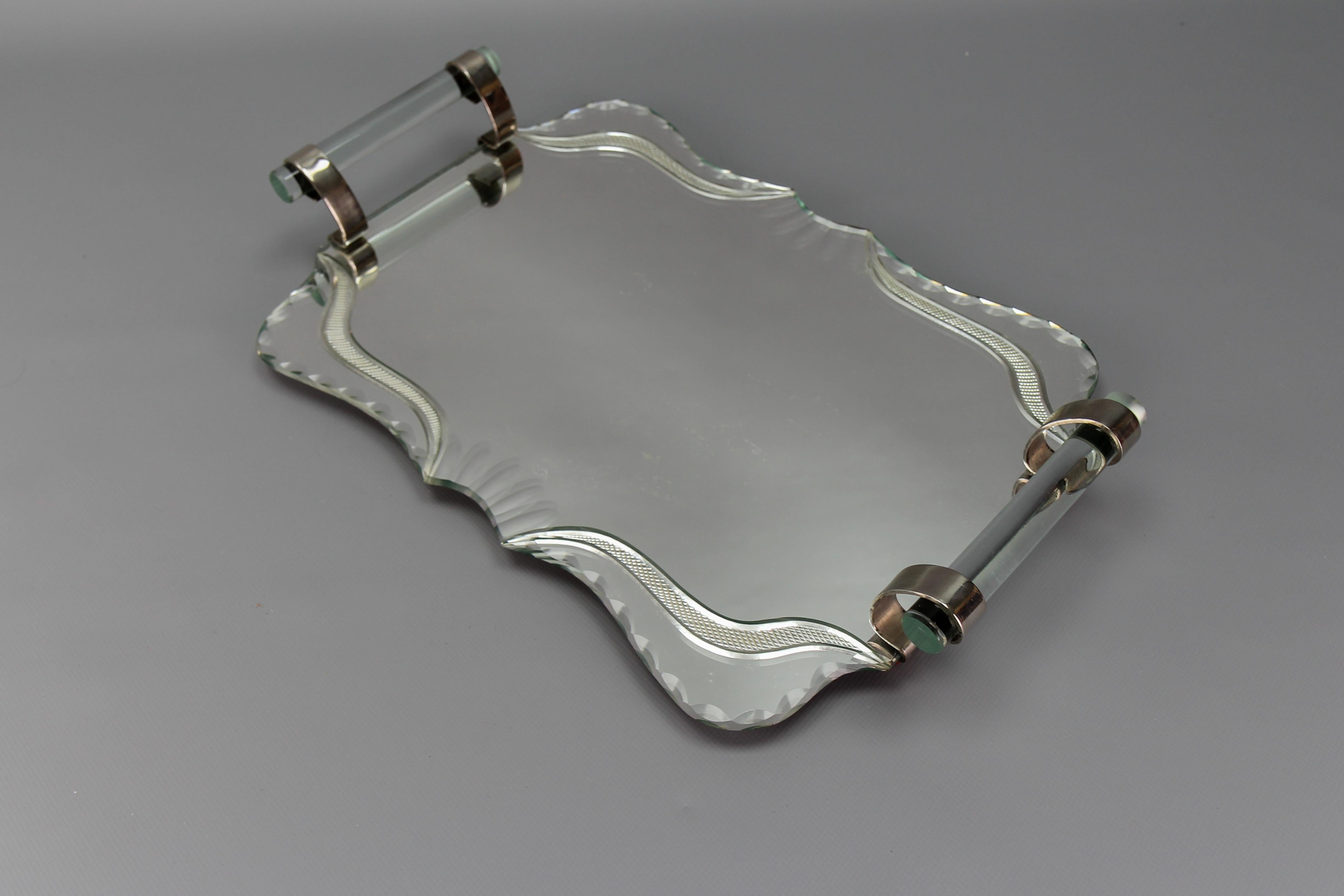 Art Deco Cut Mirror, Glass and Chrome Serving Tray, France, 1930s For Sale 13