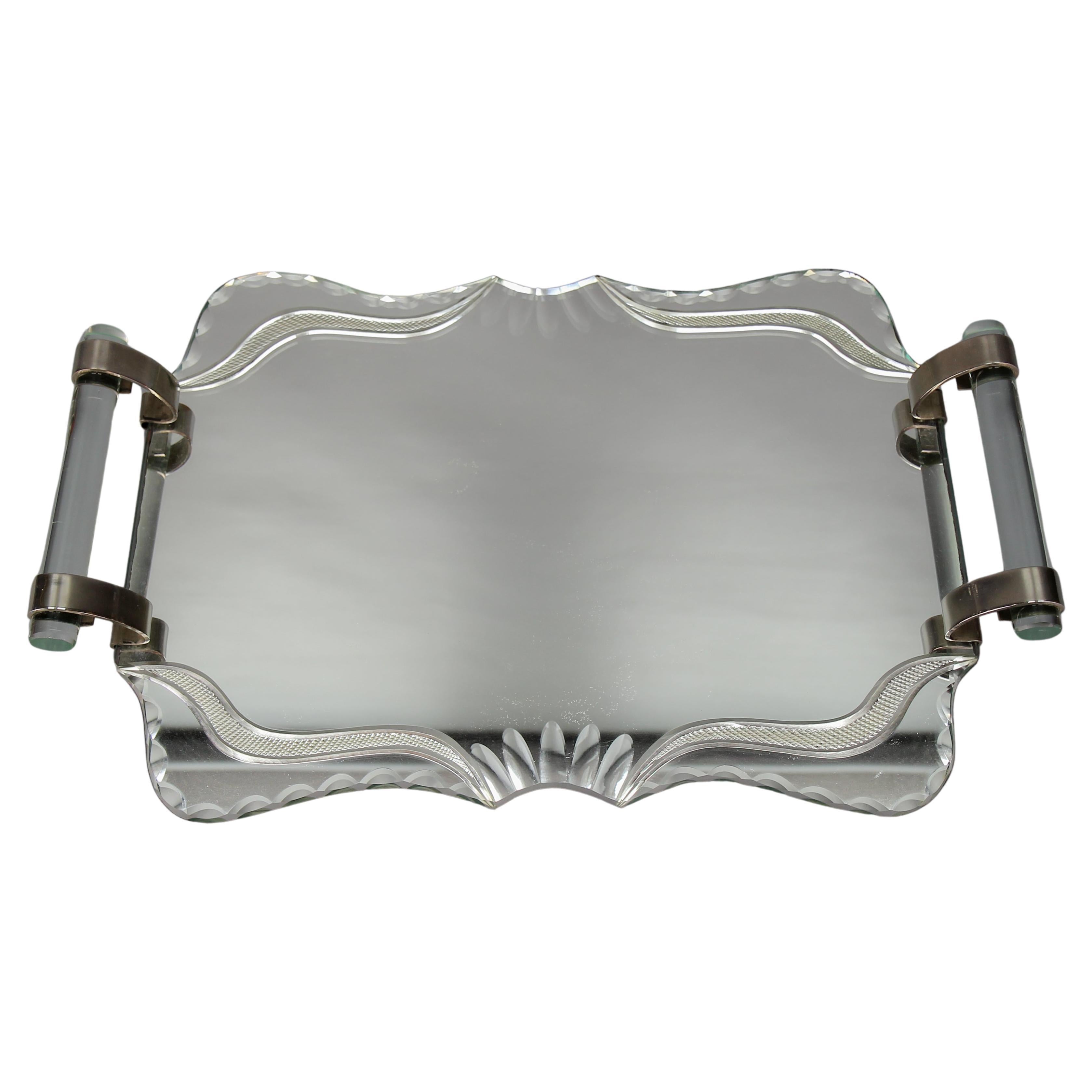 Art Deco Cut Mirror, Glass and Chrome Serving Tray, France, 1930s For Sale