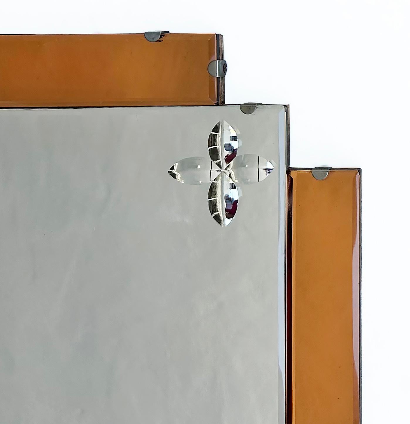 American Art Deco Wheel Cut Mirror w Peach Mirrored Panels, Wired and Ready to Hang For Sale