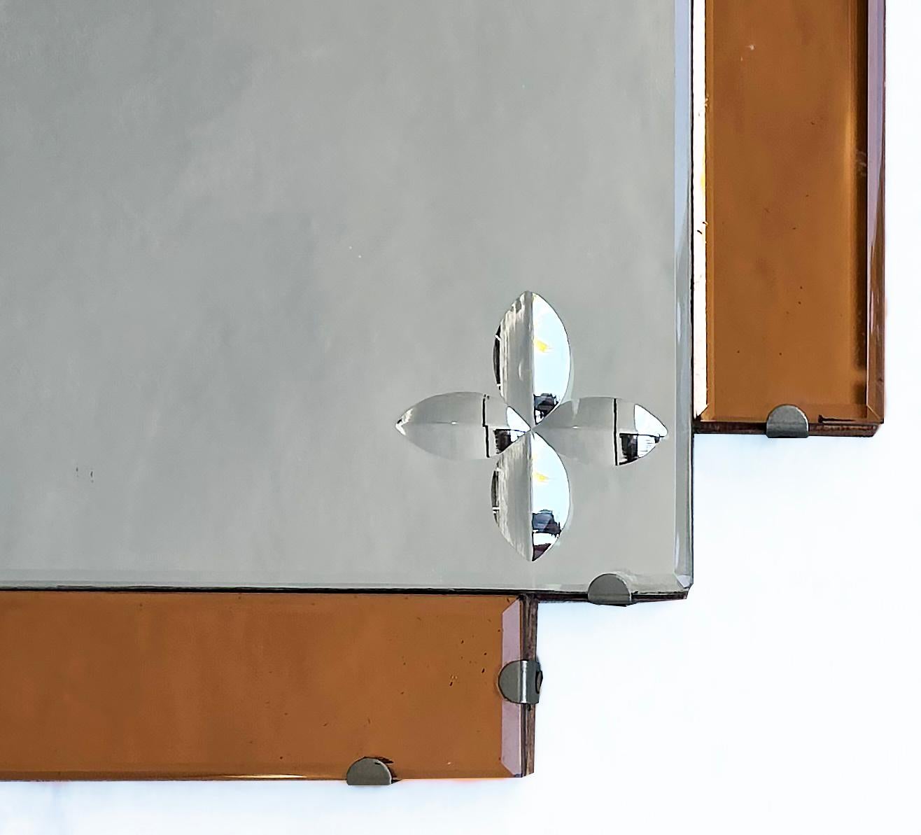 20th Century Art Deco Wheel Cut Mirror w Peach Mirrored Panels, Wired and Ready to Hang For Sale