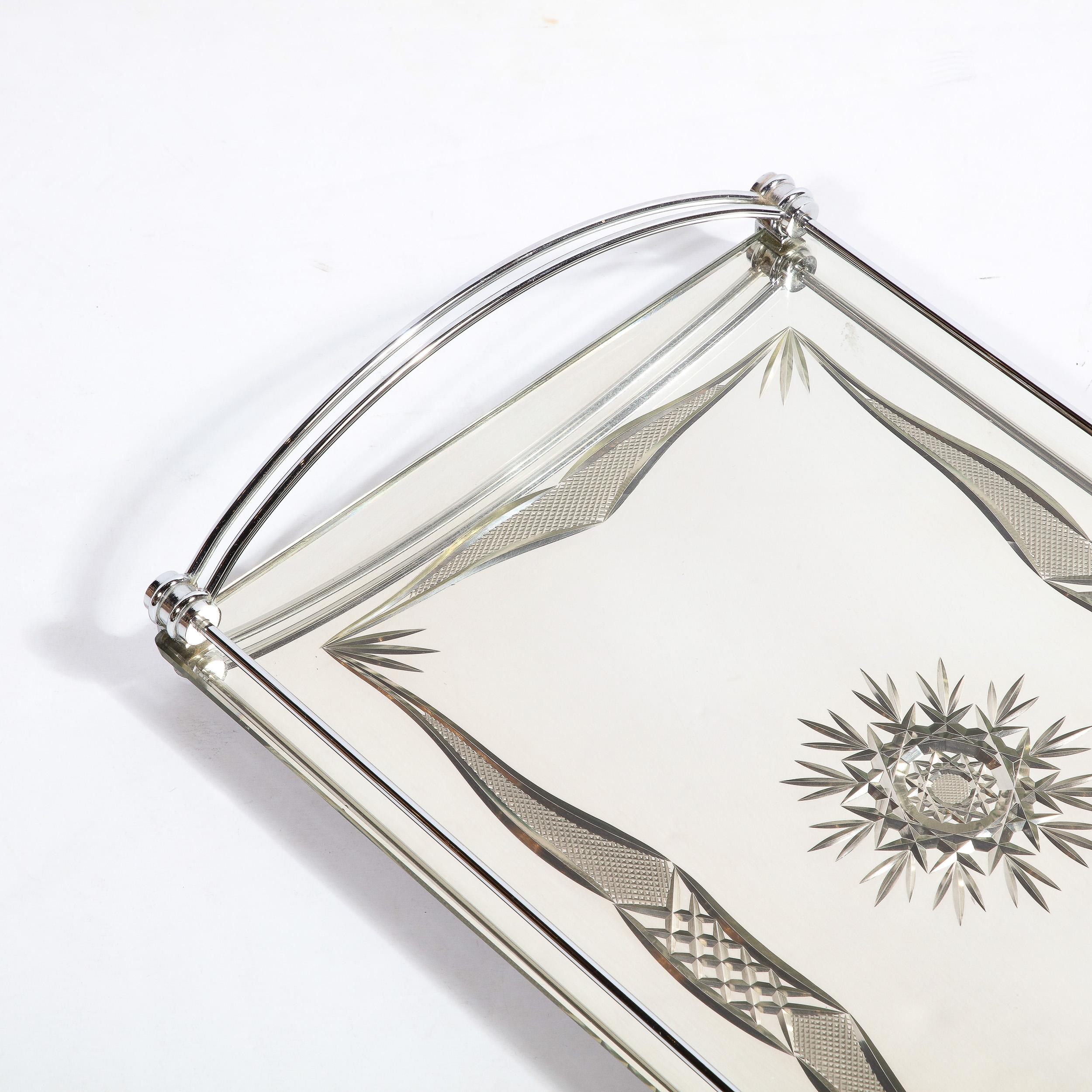 Art Deco Cut Mirrored  Bar Tray With Reverse Etched and Beveled Detailing 5