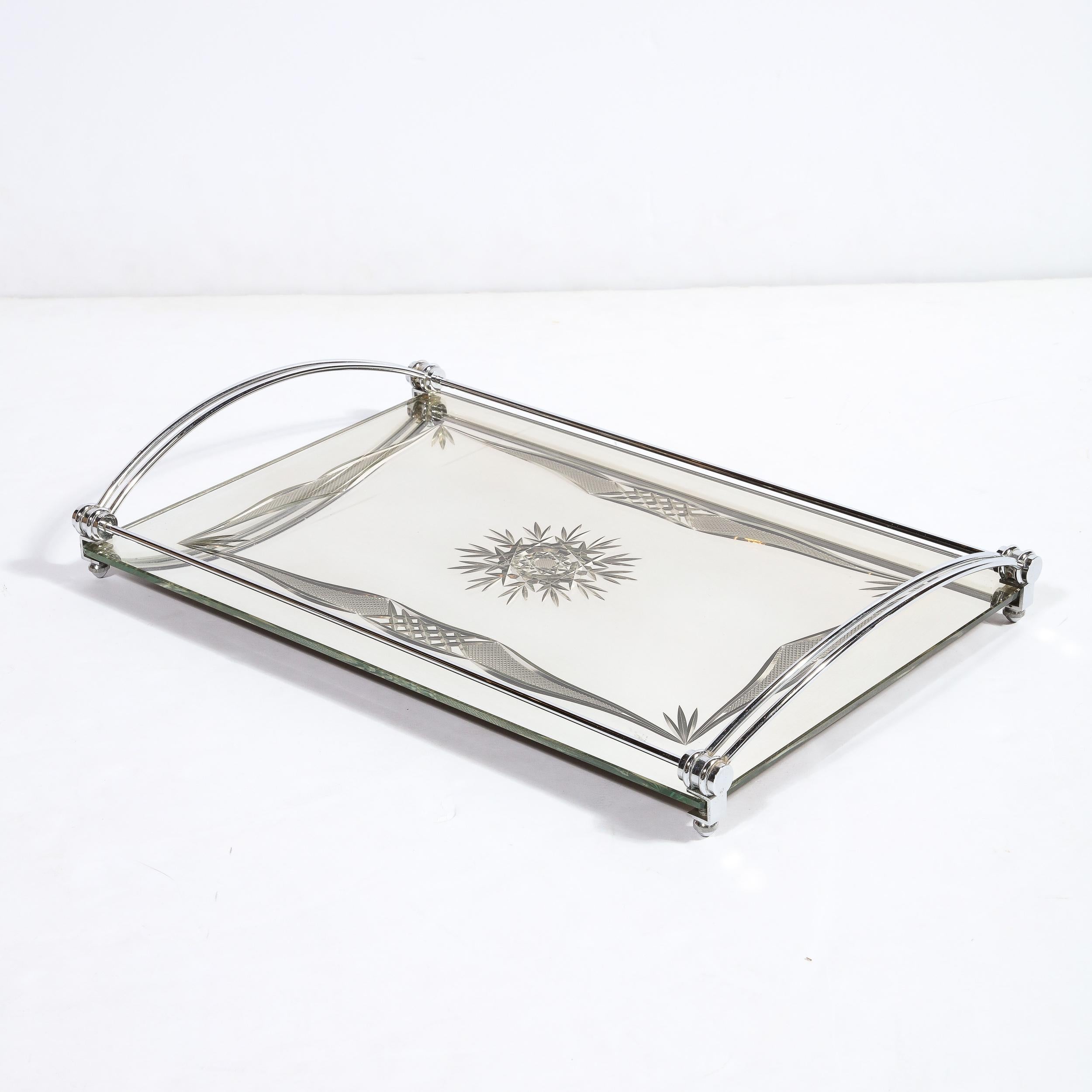 Art Deco Cut Mirrored  Bar Tray With Reverse Etched and Beveled Detailing 9