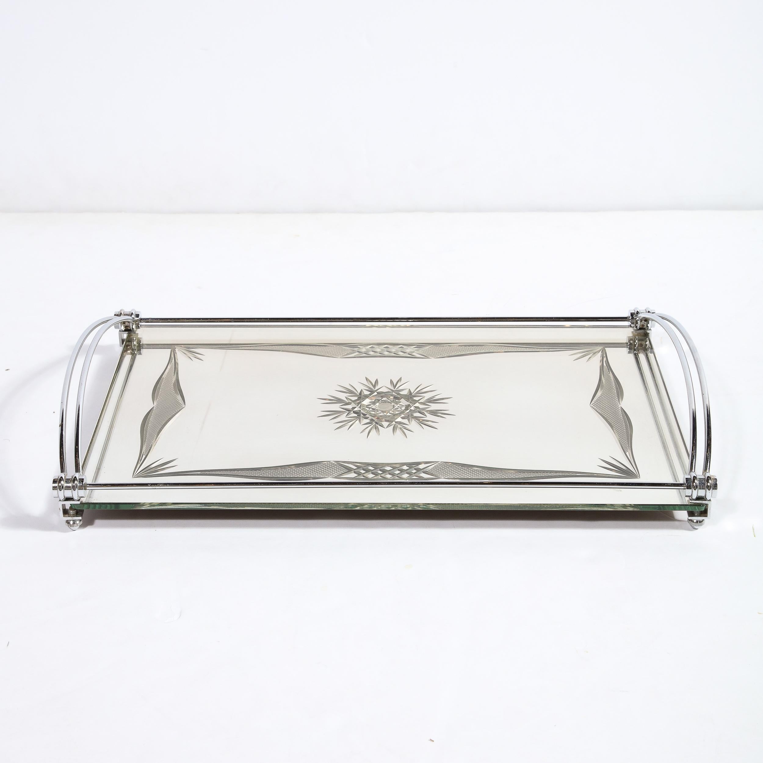 Art Deco Cut Mirrored  Bar Tray With Reverse Etched and Beveled Detailing 10
