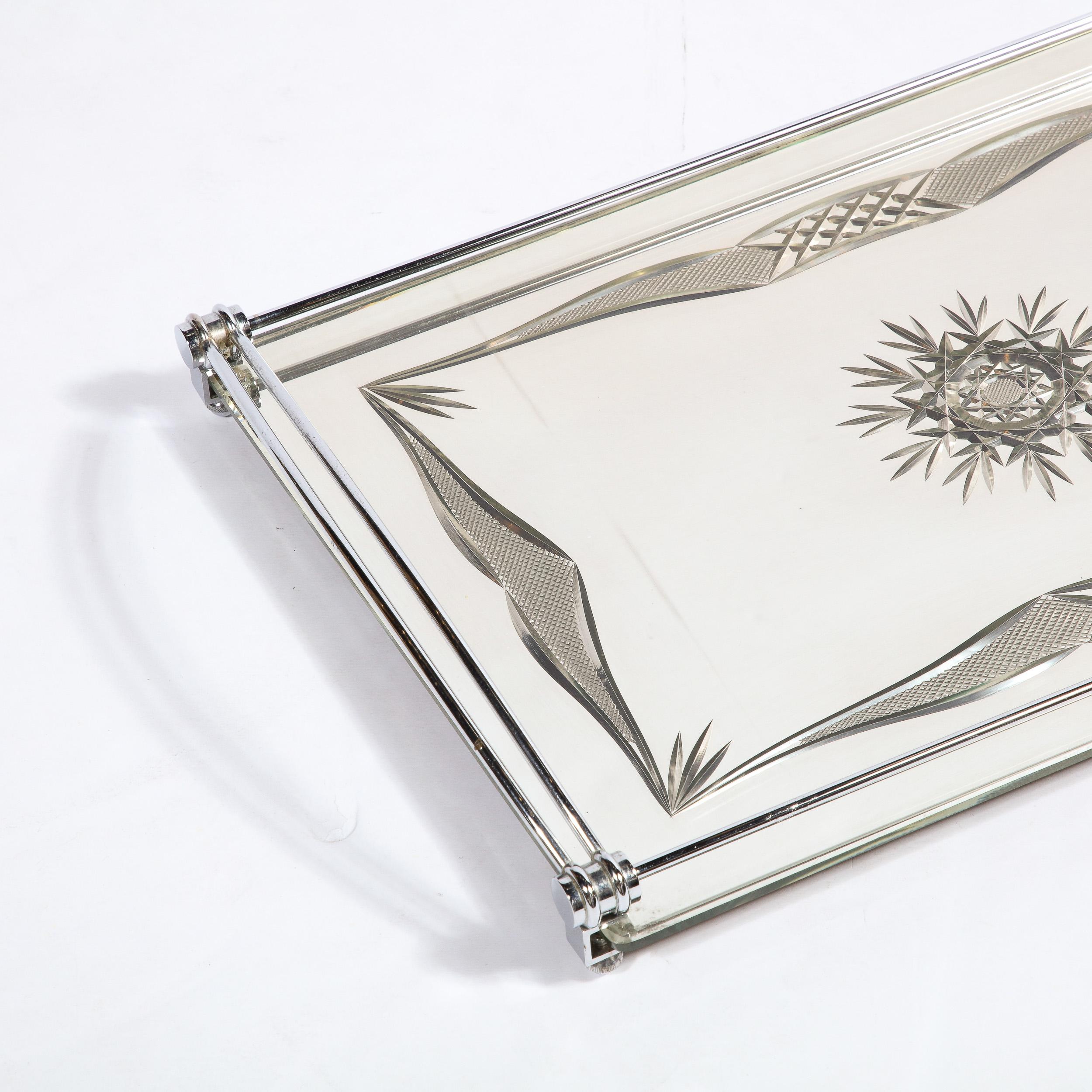 Mid-20th Century Art Deco Cut Mirrored  Bar Tray With Reverse Etched and Beveled Detailing