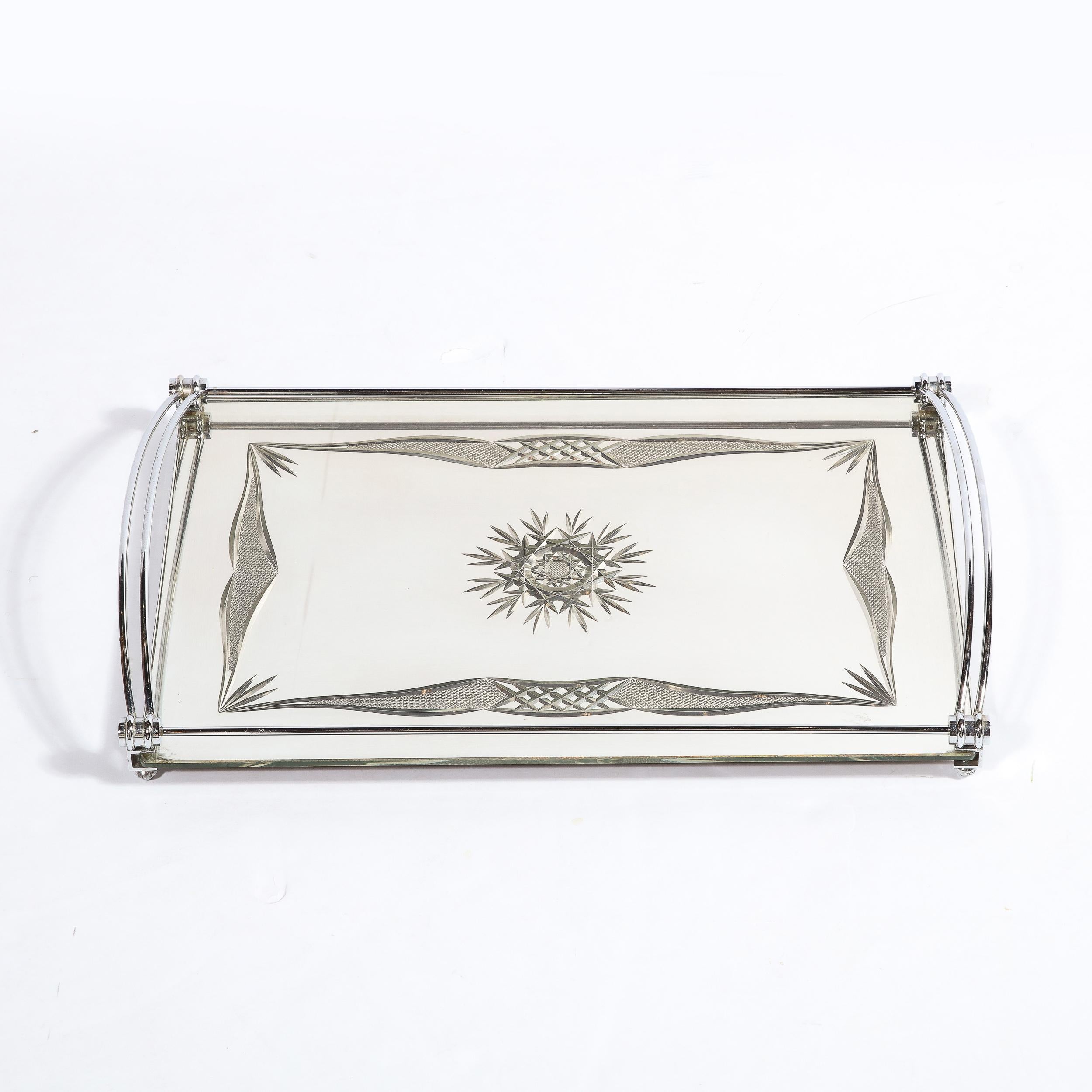Art Deco Cut Mirrored  Bar Tray With Reverse Etched and Beveled Detailing 1