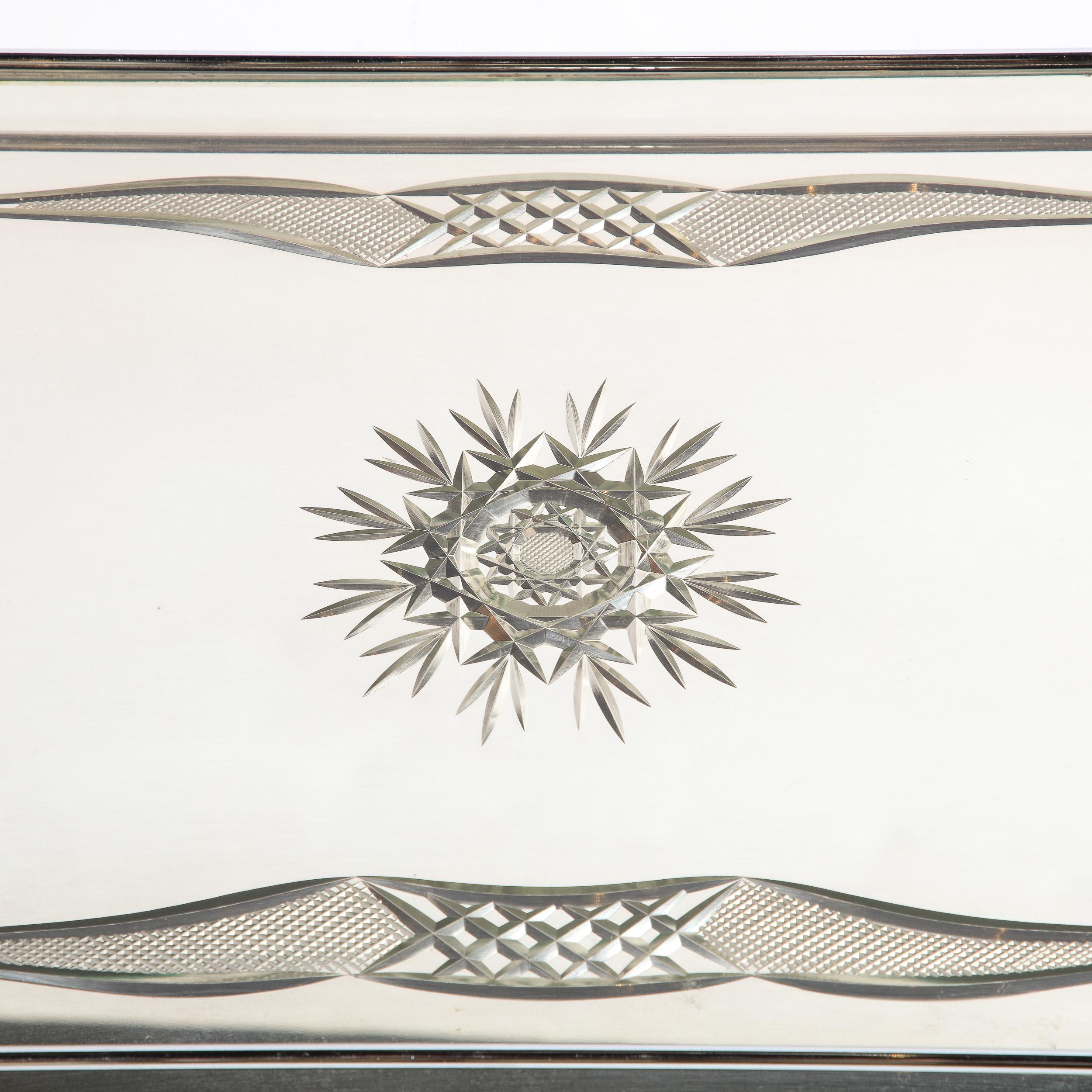 Art Deco Cut Mirrored  Bar Tray With Reverse Etched and Beveled Detailing 2