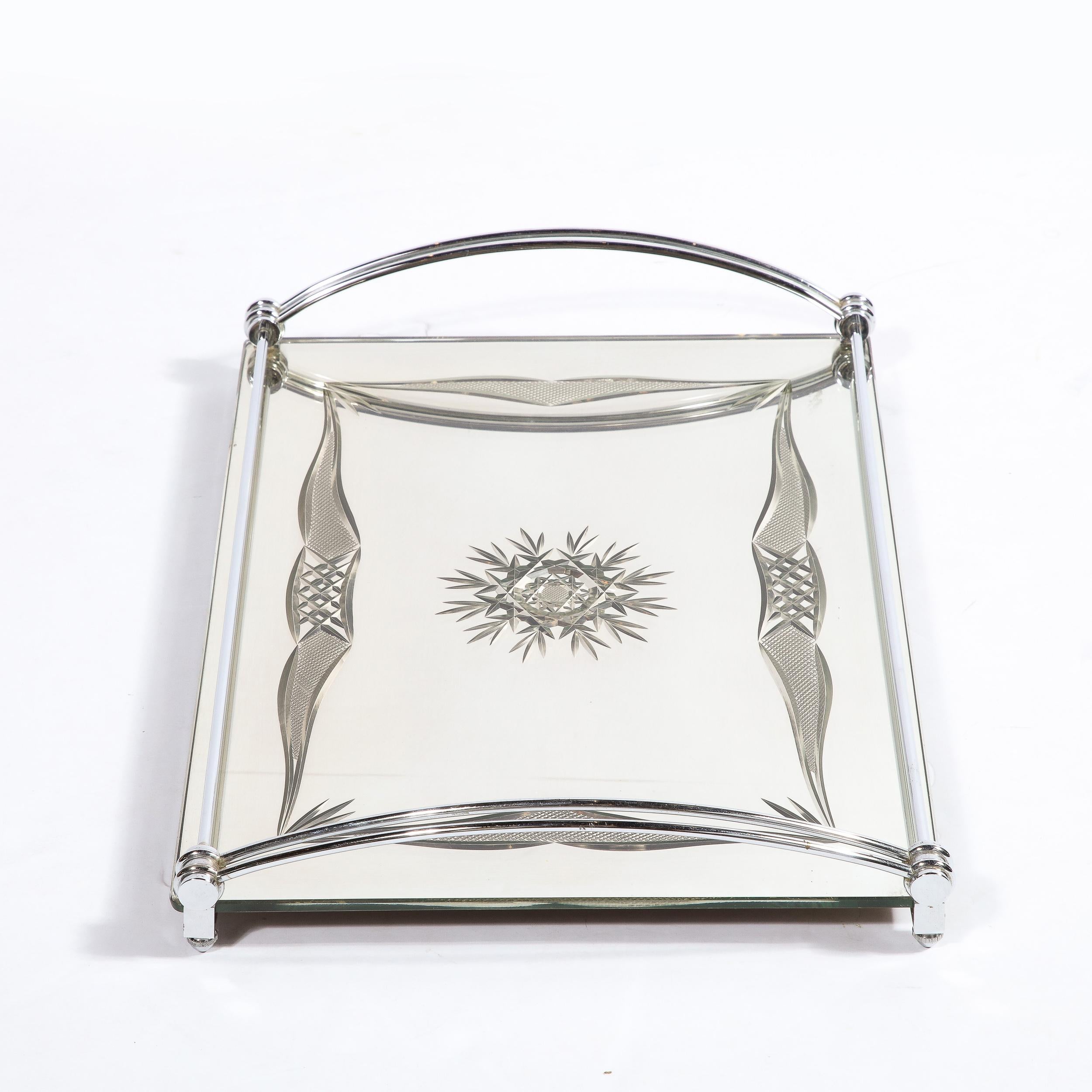 Art Deco Cut Mirrored  Bar Tray With Reverse Etched and Beveled Detailing 3