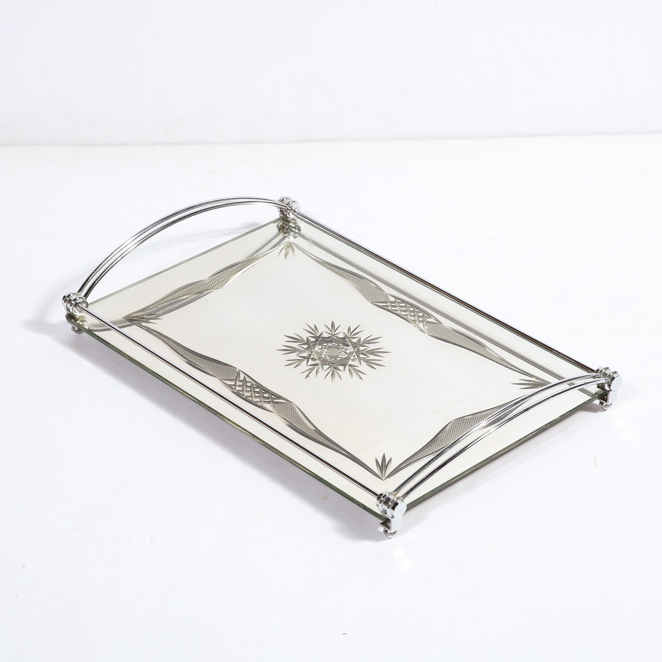 Art Deco Cut Mirrored  Bar Tray With Reverse Etched and Beveled Detailing 4