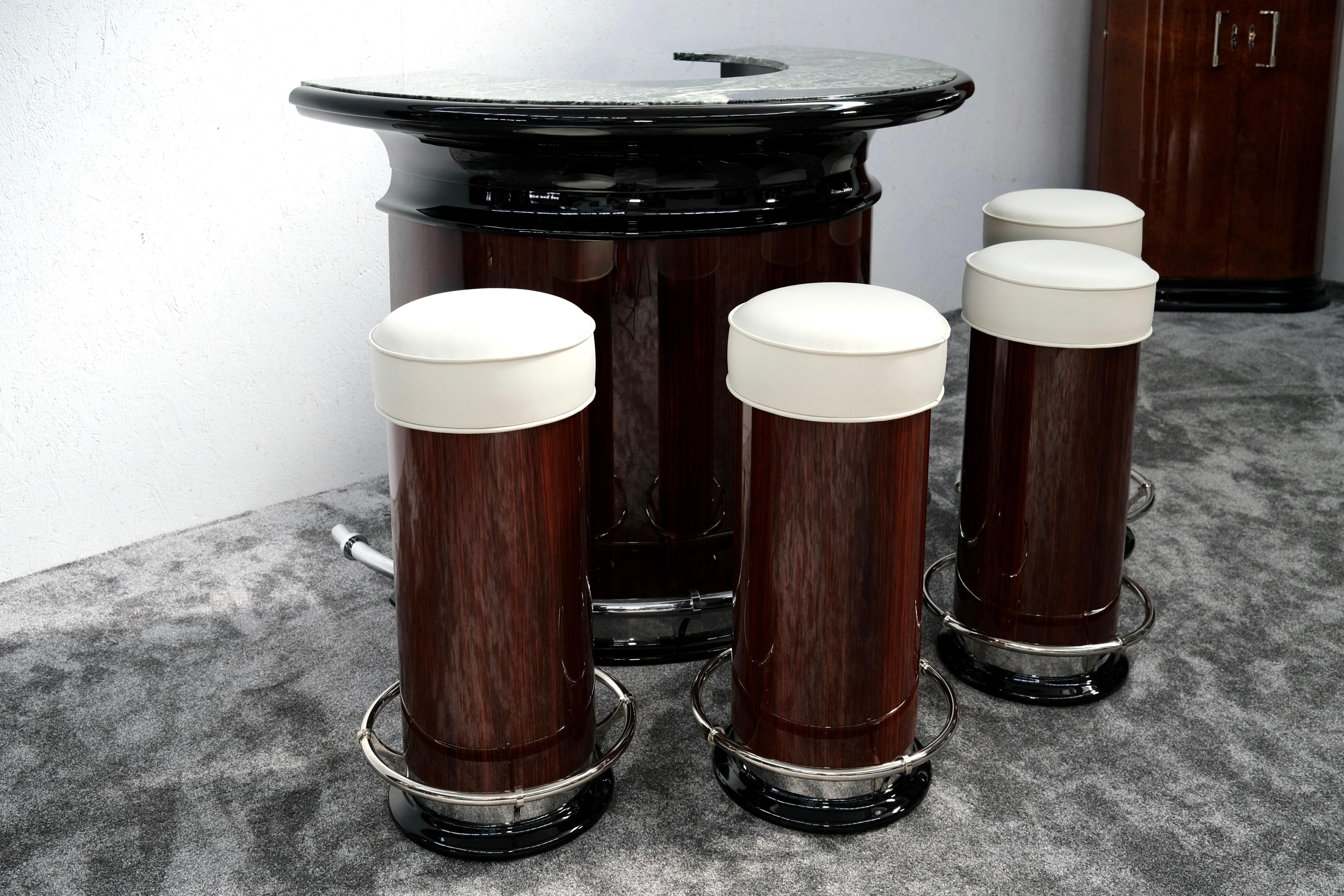 Art Deco Cylindrical Bar Stool in Reel Wood Veneer and Leather, France, 1940s For Sale 3