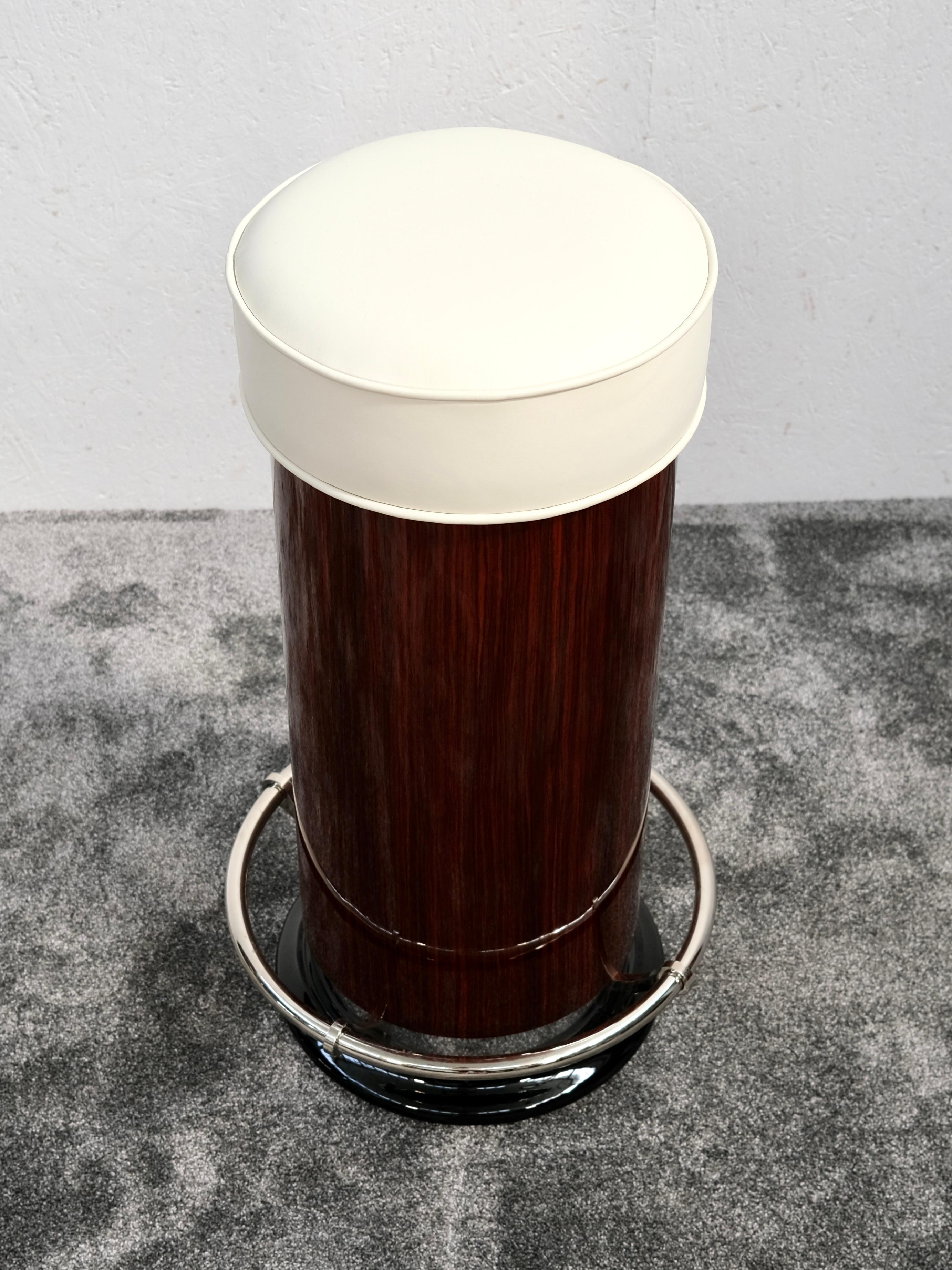 German Art Deco Cylindrical Bar Stool in Reel Wood Veneer and Leather, France, 1940s For Sale