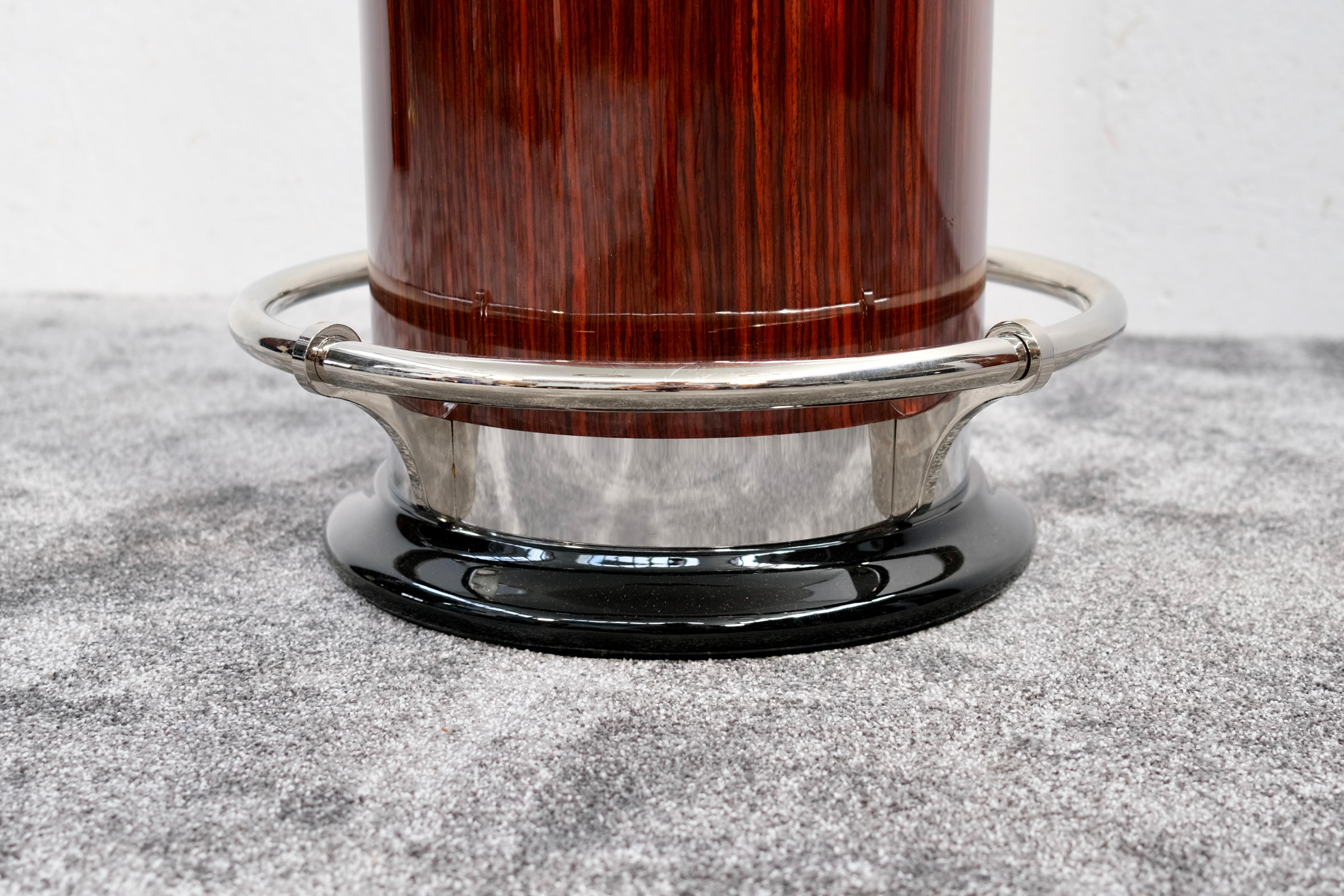 Lacquered Art Deco Cylindrical Bar Stool in Reel Wood Veneer and Leather, France, 1940s For Sale