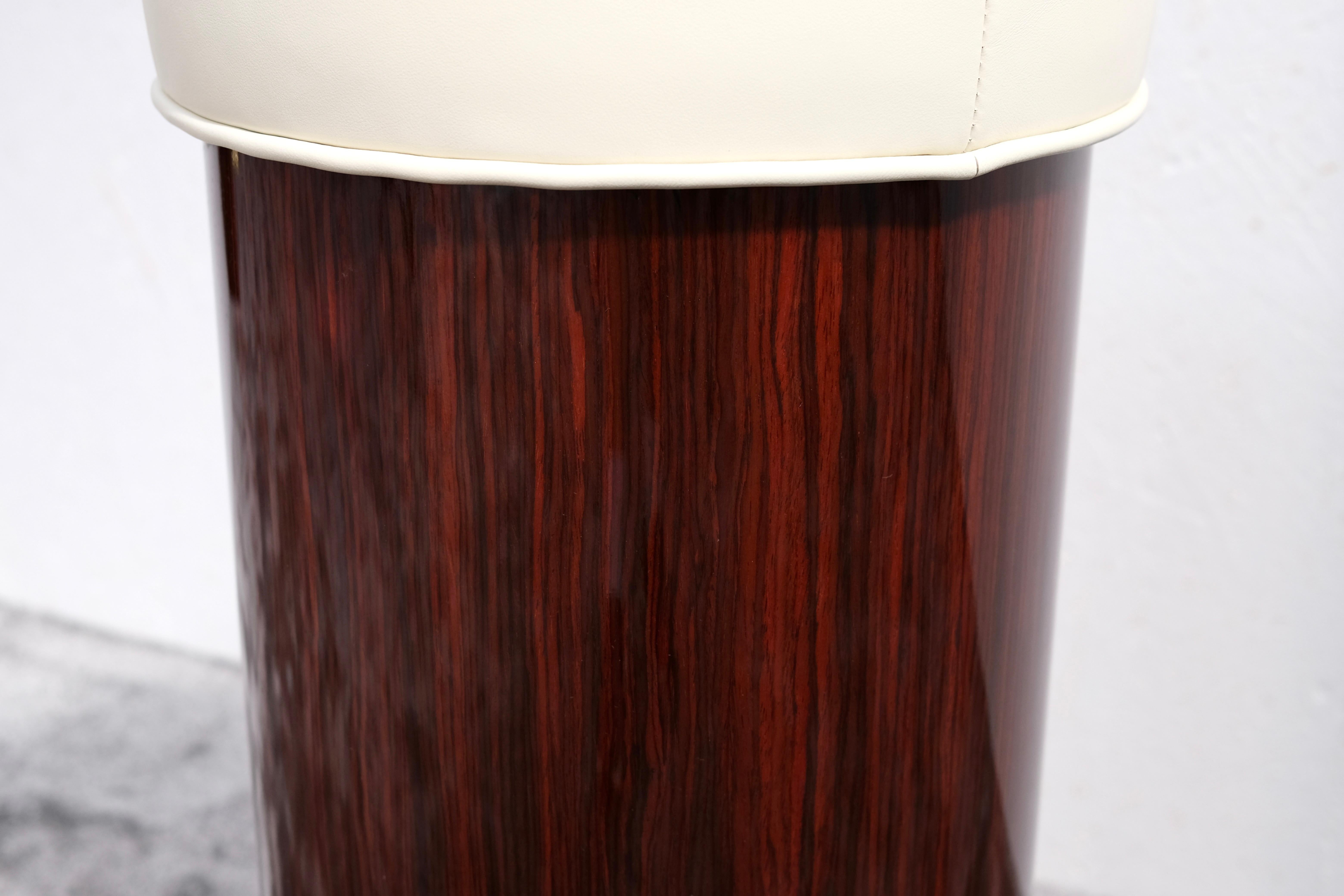 Mid-20th Century Art Deco Cylindrical Bar Stool in Reel Wood Veneer and Leather, France, 1940s For Sale