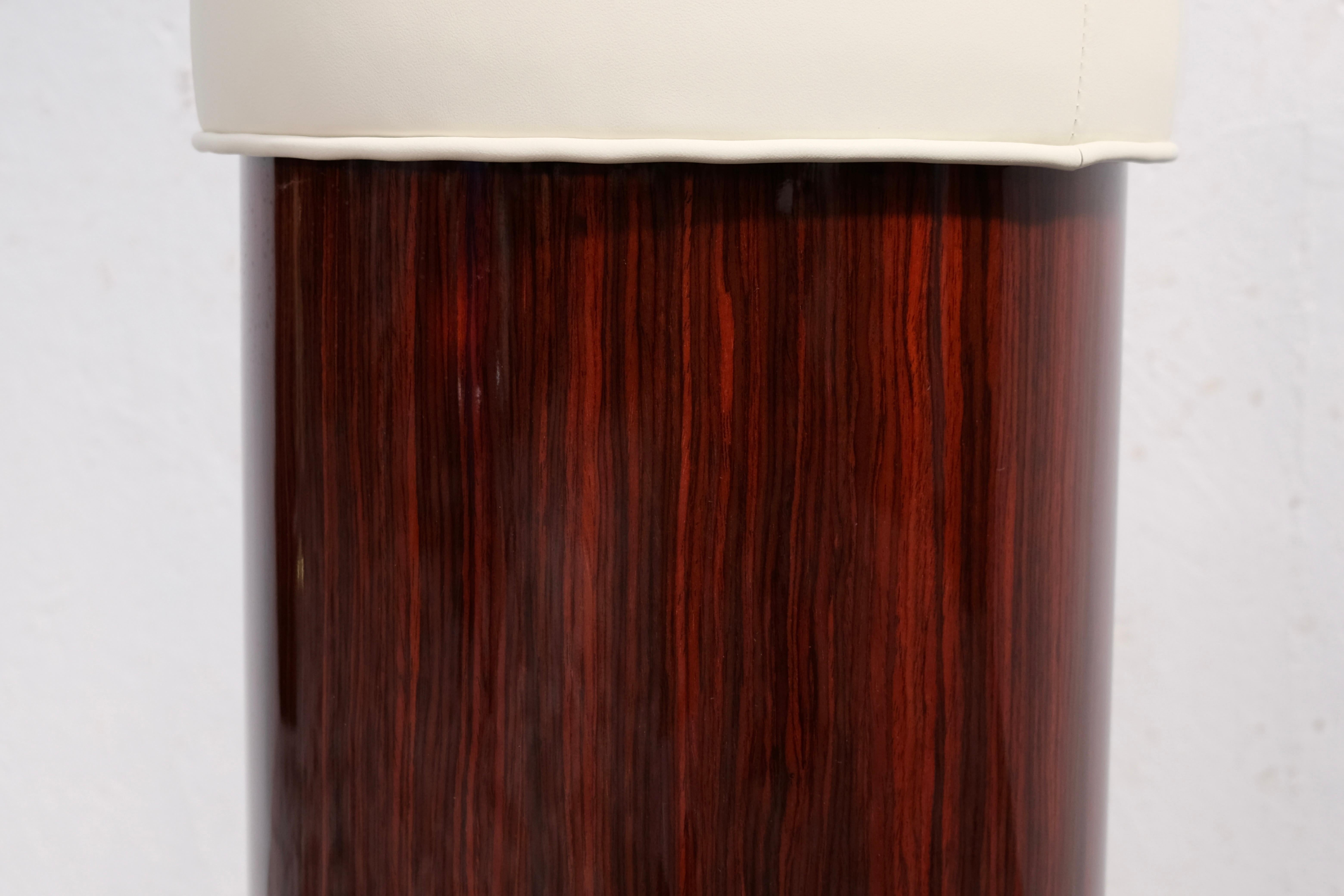 Metal Art Deco Cylindrical Bar Stool in Reel Wood Veneer and Leather, France, 1940s For Sale