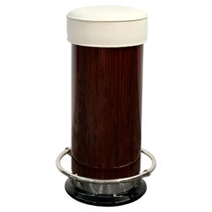 Art Deco Cylindrical Bar Stool in Reel Wood Veneer and Leather, France, 1940s
