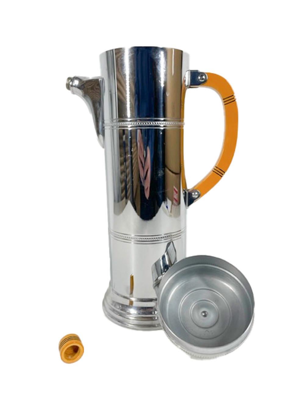 American Art Deco Cylindrical Chrome Cocktail Shaker with Butterscotch Bakelite Handle