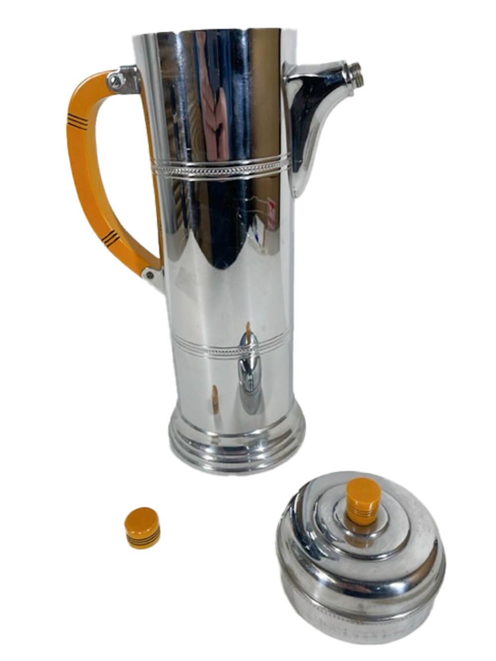 Art Deco Cylindrical Chrome Cocktail Shaker with Butterscotch Bakelite Handle In Good Condition In Nantucket, MA