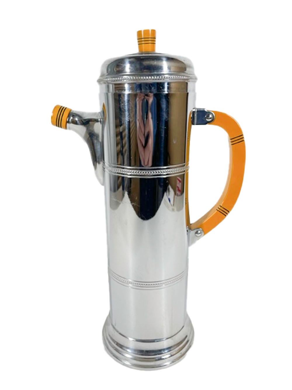 20th Century Art Deco Cylindrical Chrome Cocktail Shaker with Butterscotch Bakelite Handle