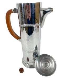 Art Deco Cylindrical Chrome Cocktail Shaker with Chocolate Bakelite Handle