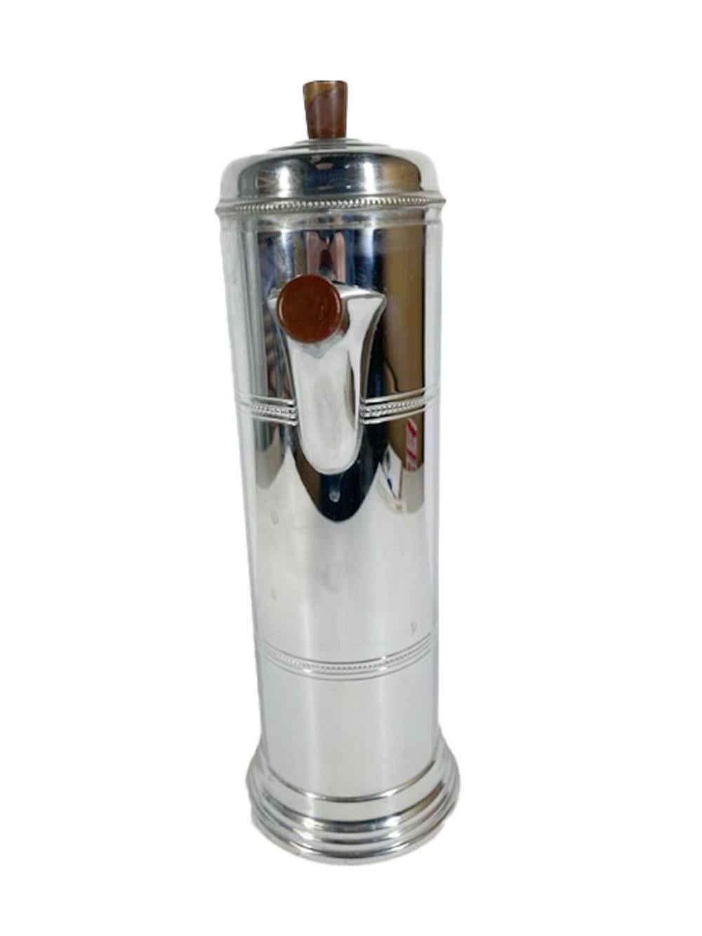 American Art Deco Cylindrical Chrome Cocktail Shaker with Chocolate Bakelite Handle