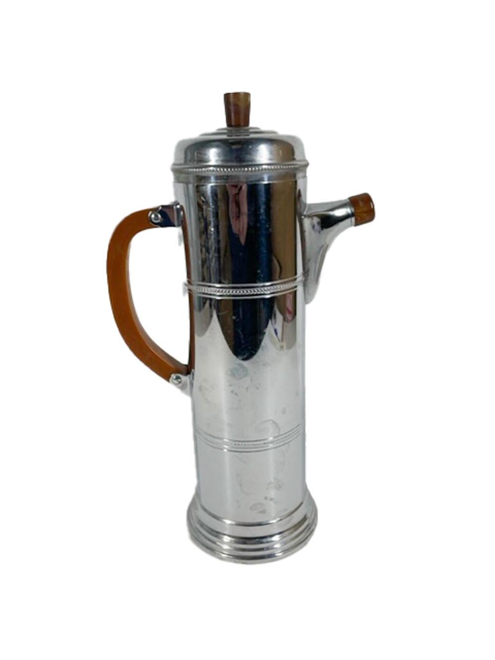Art Deco Cylindrical Chrome Cocktail Shaker with Chocolate Bakelite Handle In Good Condition In Nantucket, MA