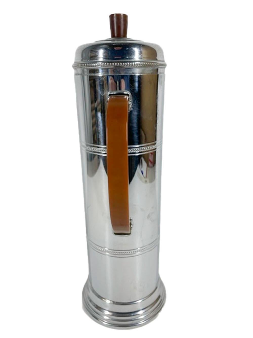 20th Century Art Deco Cylindrical Chrome Cocktail Shaker with Chocolate Bakelite Handle