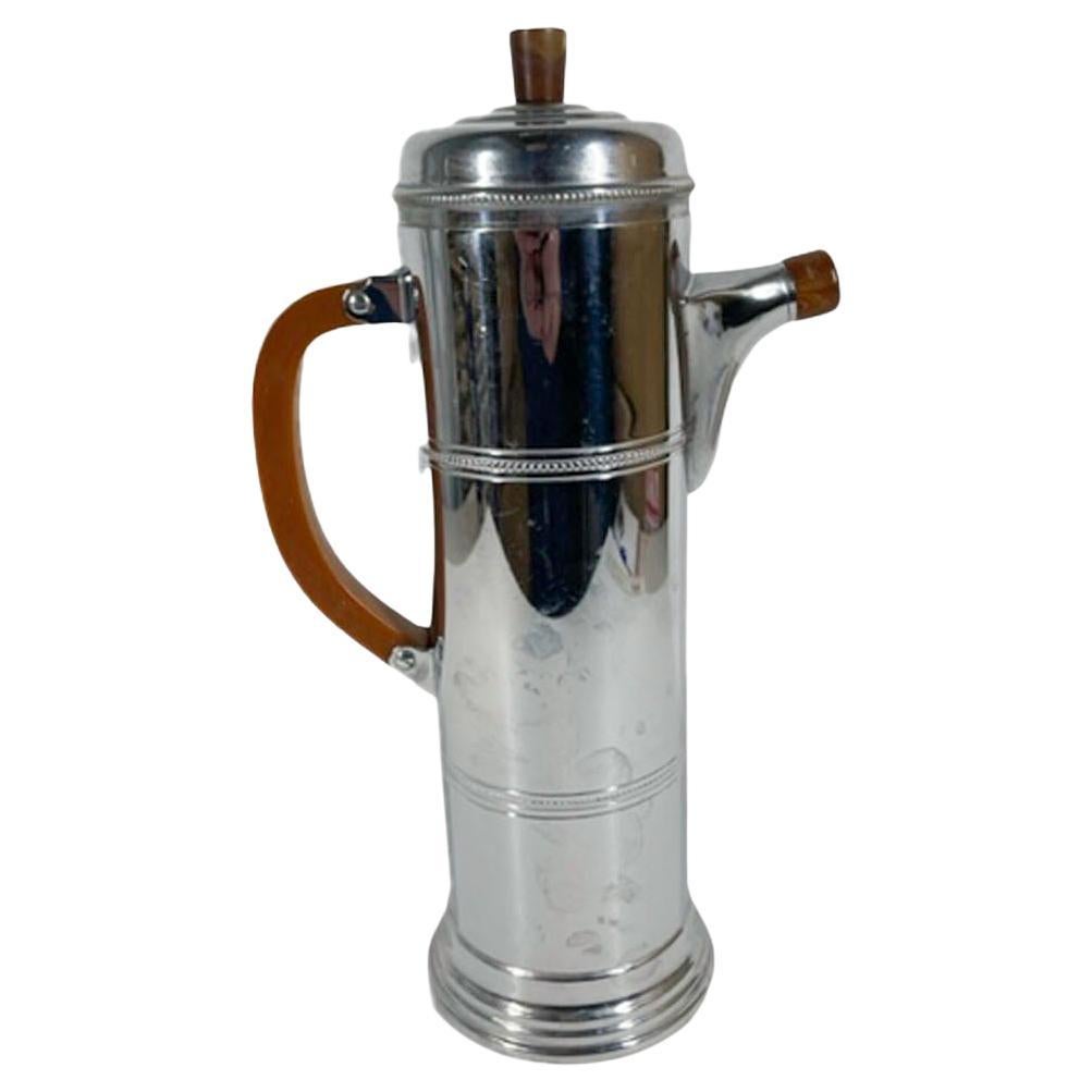 Art Deco Cylindrical Chrome Cocktail Shaker with Chocolate Bakelite Handle