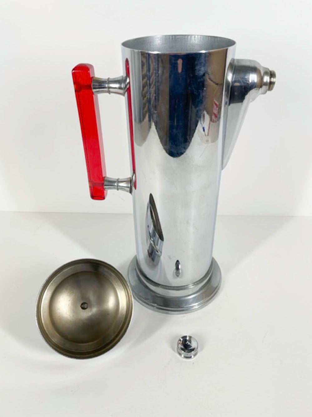 American Art Deco Cylindrical Cocktail Shaker with Translucent Red Handle and Knob For Sale