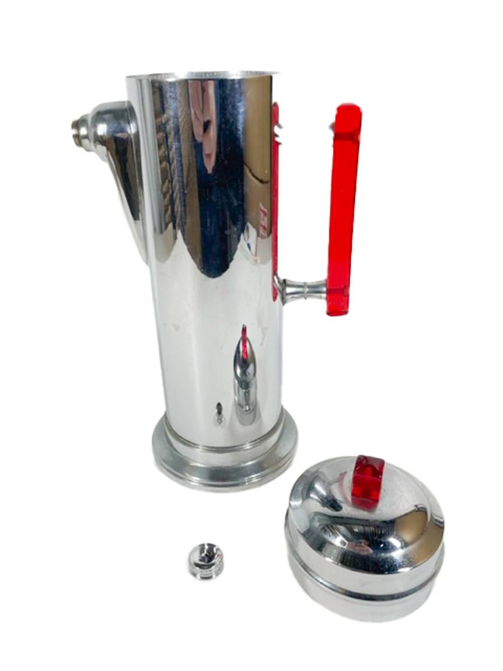 20th Century Art Deco Cylindrical Cocktail Shaker with Translucent Red Handle and Knob For Sale