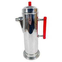 Art Deco Cylindrical Cocktail Shaker with Translucent Red Handle and Knob