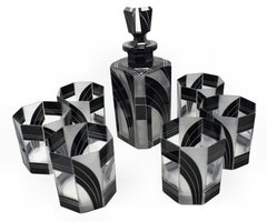 Art Deco Czech Black and Clear Glass Whisky Decanter Set