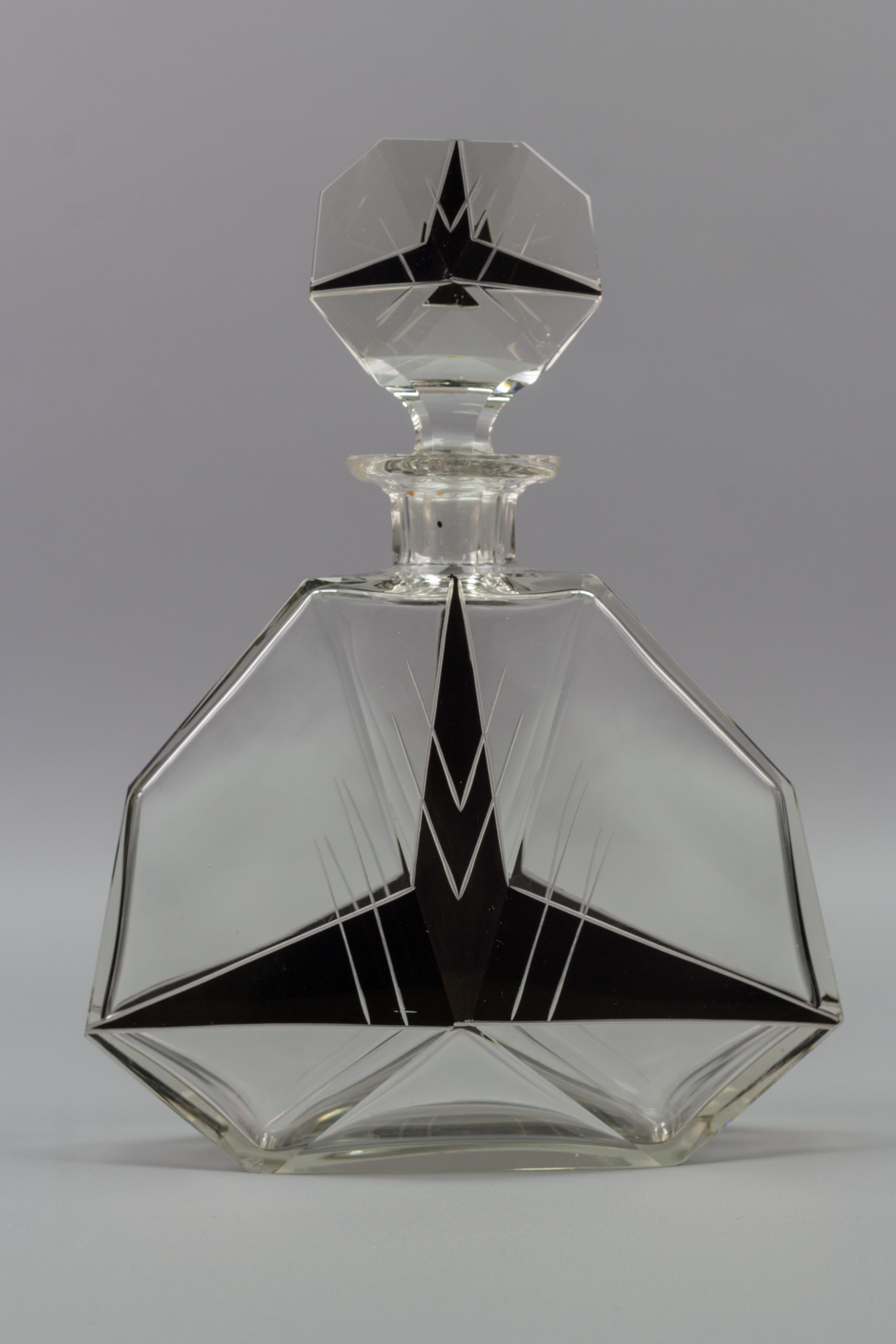 Art Deco Czech Bohemian Clear and Black Enamel Glass Decanter Set, 1930s 6