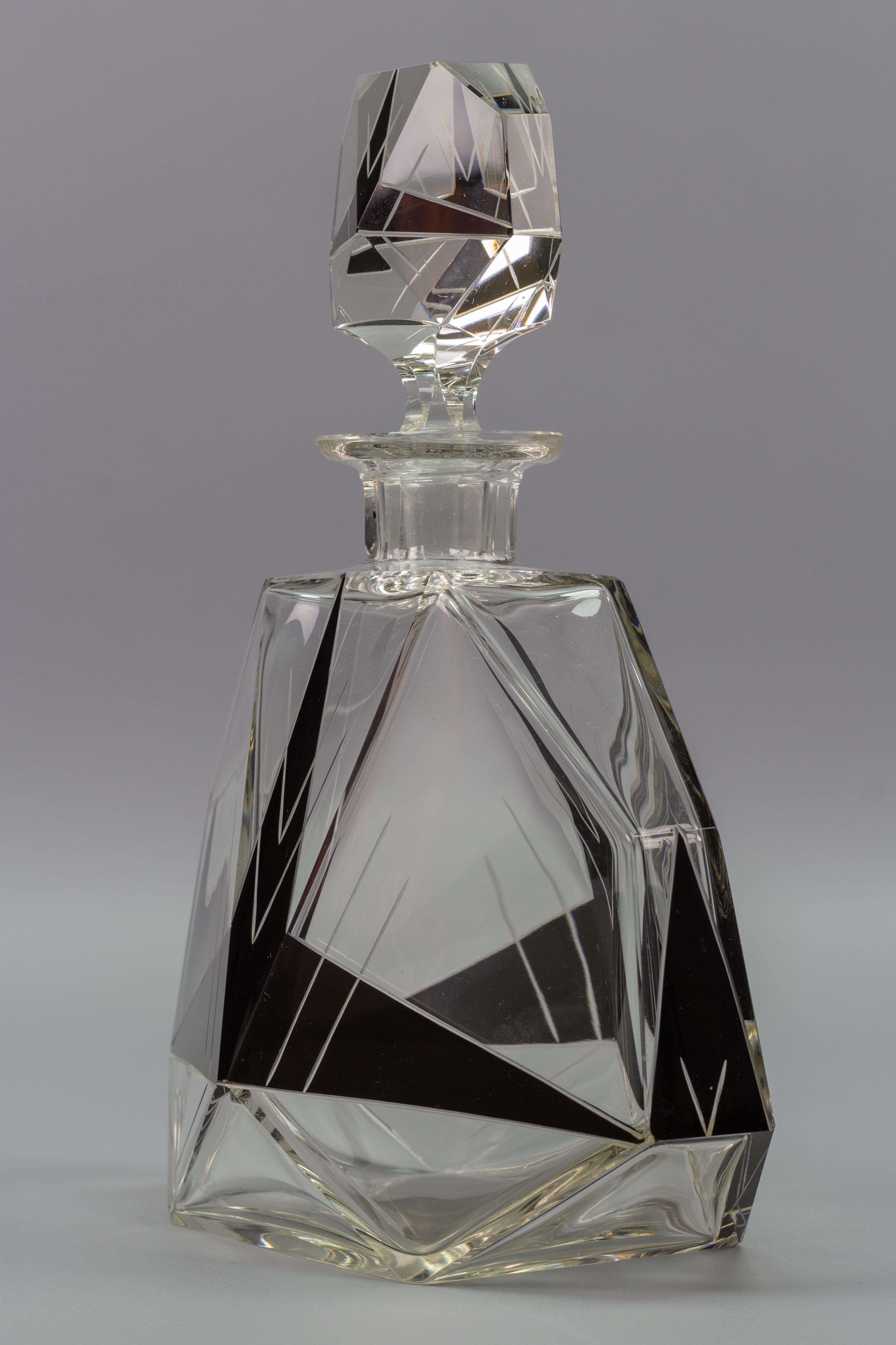 Art Deco Czech Bohemian Clear and Black Enamel Glass Decanter Set, 1930s 7