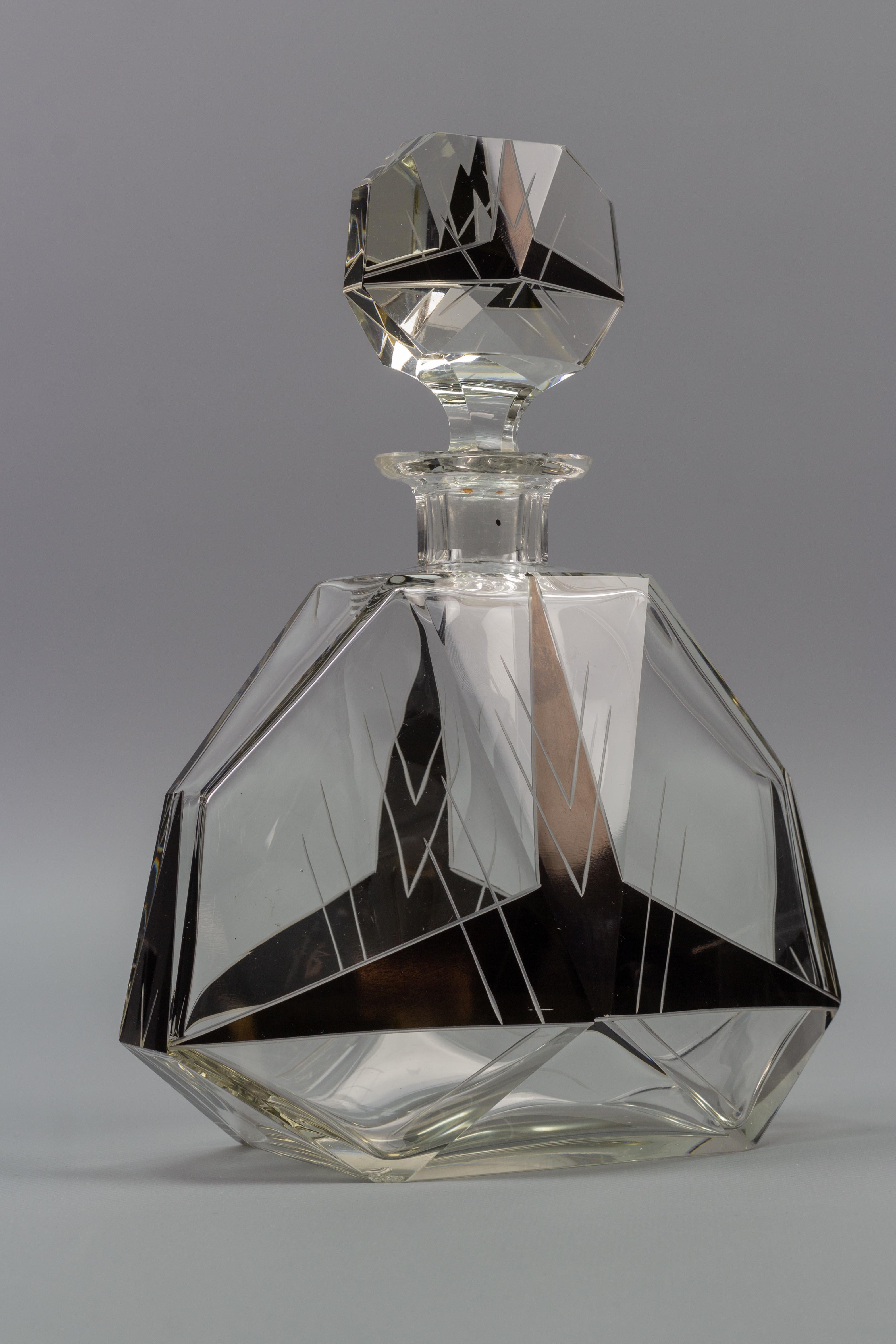 Art Deco Czech Bohemian Clear and Black Enamel Glass Decanter Set, 1930s 8