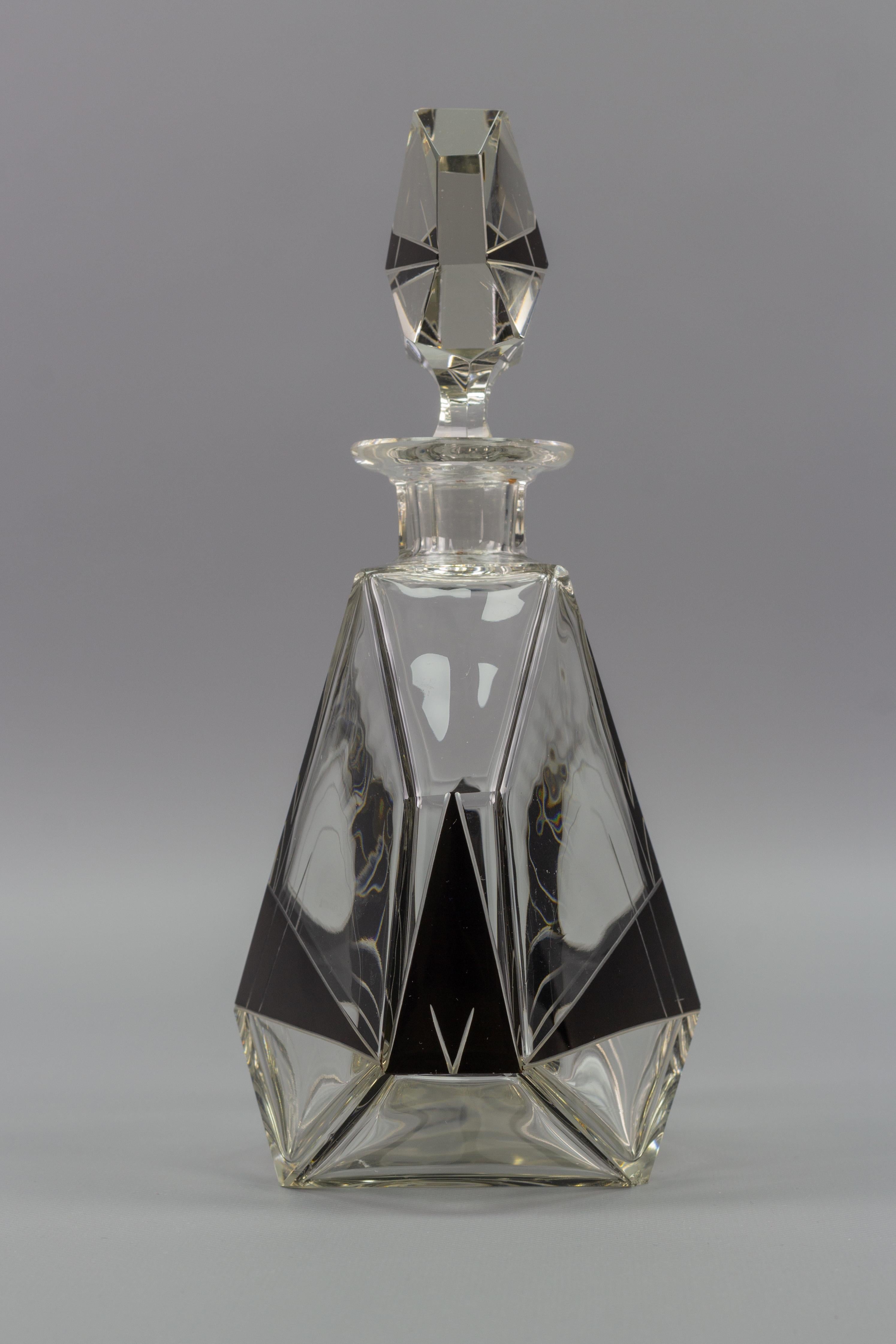 Art Deco Czech Bohemian Clear and Black Enamel Glass Decanter Set, 1930s 9