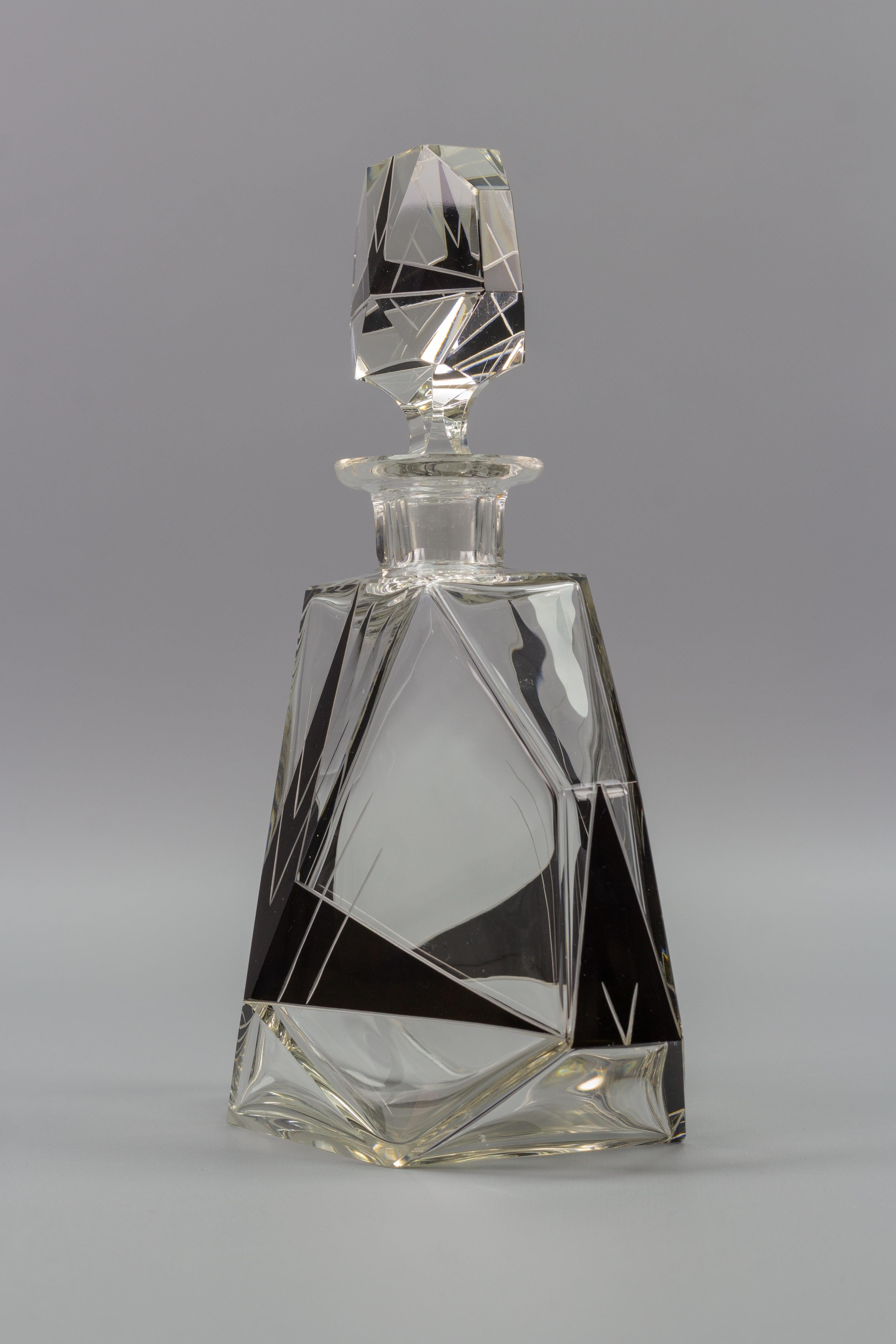 Art Deco Czech Bohemian Clear and Black Enamel Glass Decanter Set, 1930s 10